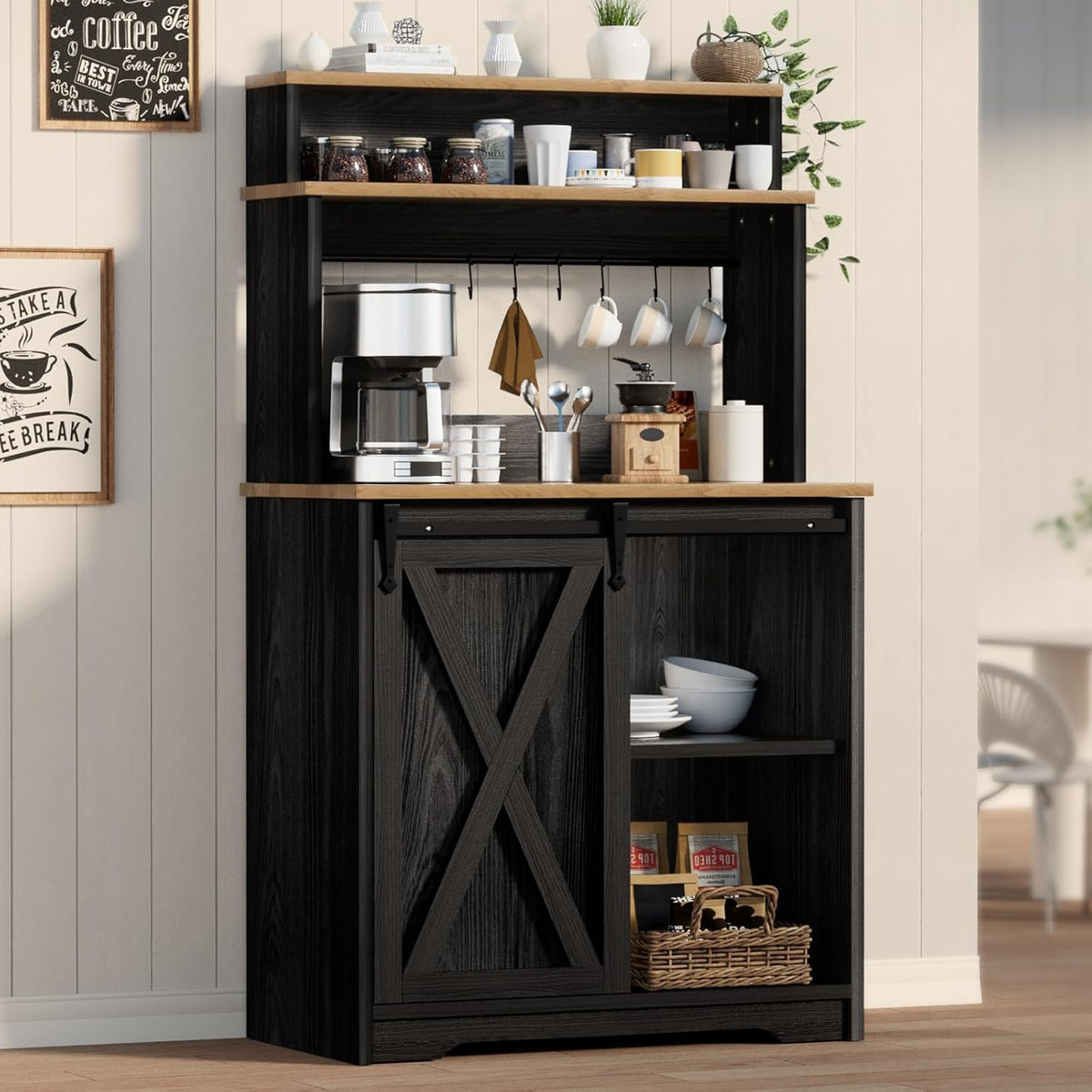 Farmhouse Coffee Bar Cabinet with 3-Tier Storage Hutch