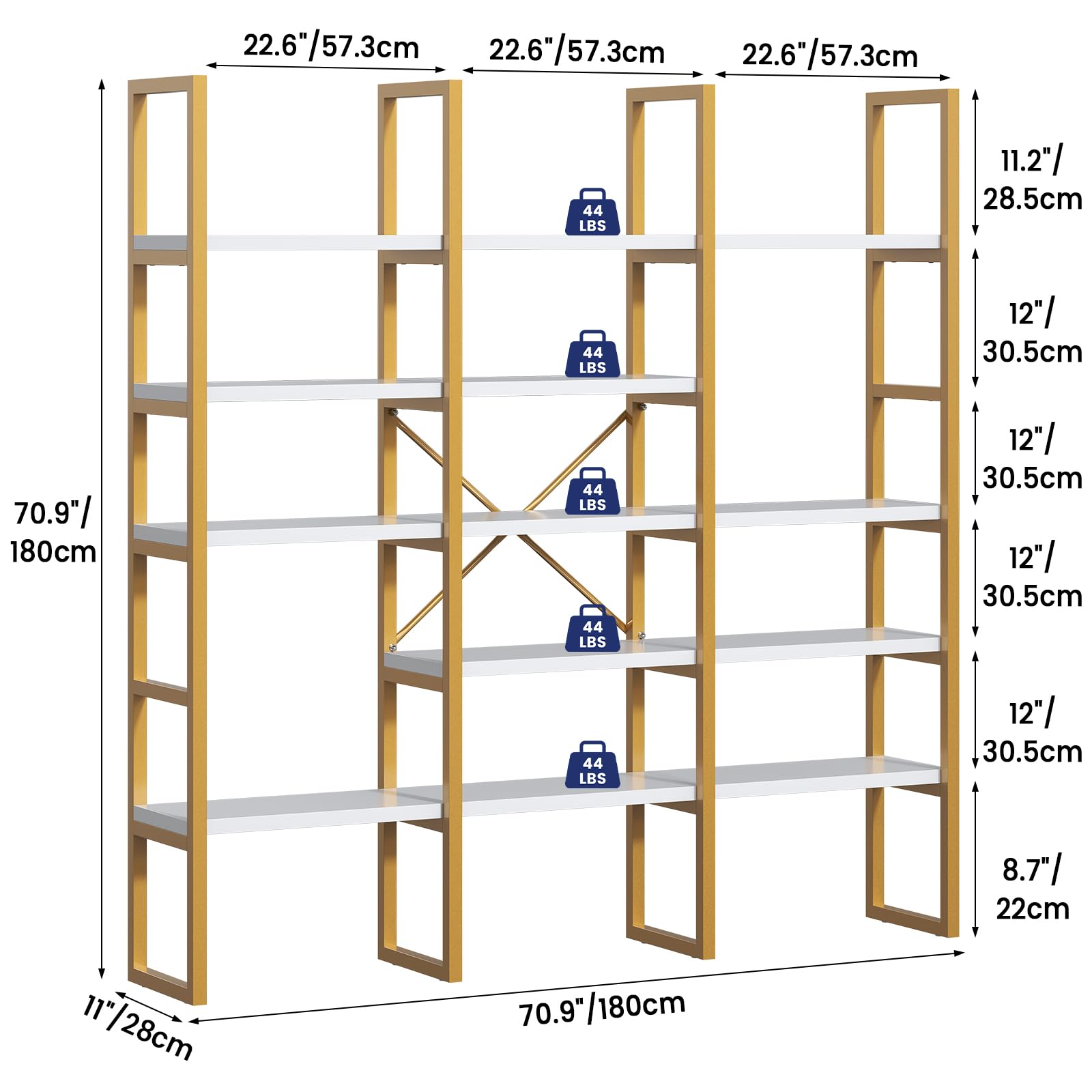Gold Bookshelf 5 Tiers Geometric Bookcase
