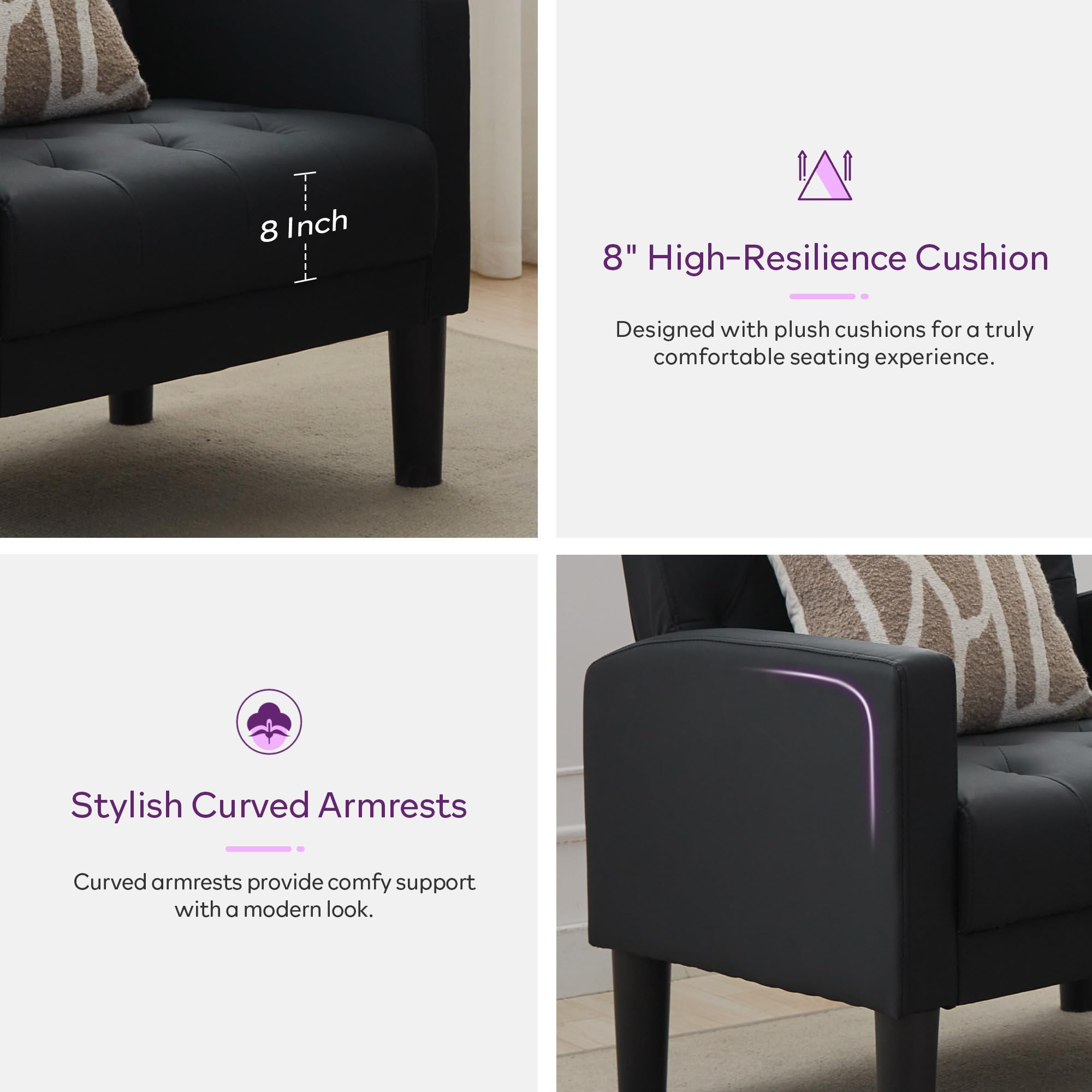 TYBOATLE Leather Chairs Set of 2 Comfy Living Room Chair Black Leather Tufted Mid Century Modern Accent Chair, Small Cozy Reading Arm Chair for Office, Bedroom