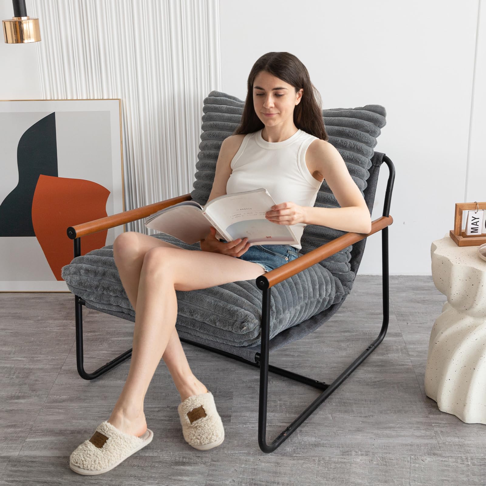 Sherpa Accent Chair with Wooden Arms