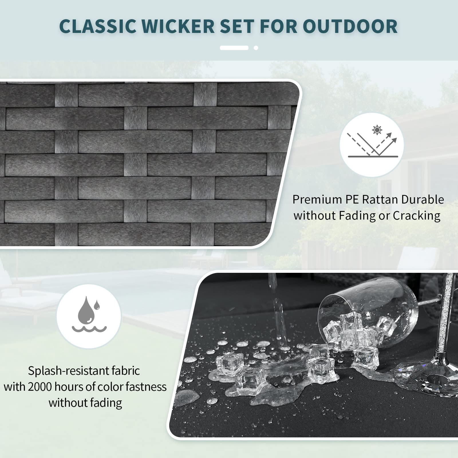 All-Weather Outdoor Wicker Ottoman Set of 2 - Dark Gray Rattan Footrest with Cushions