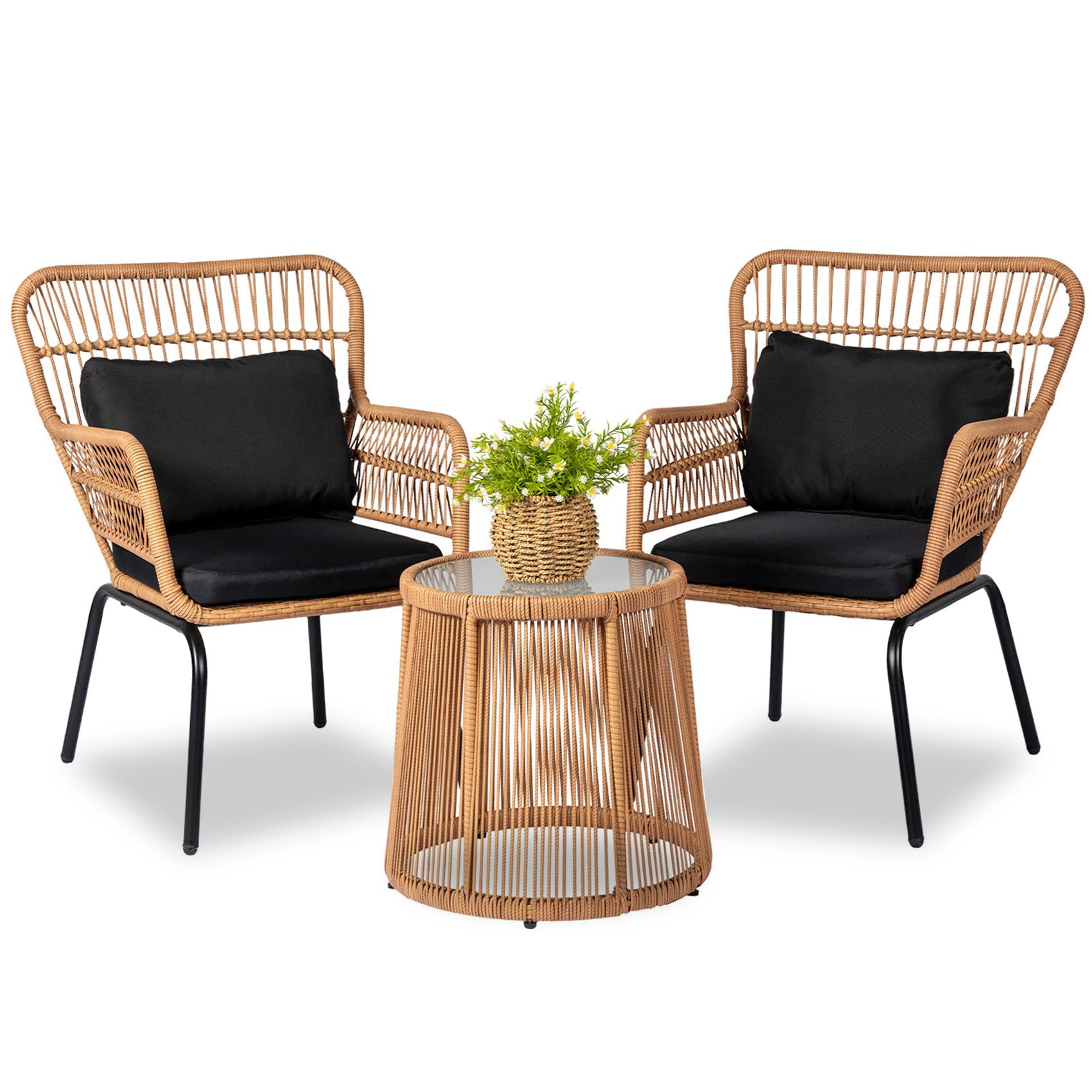 3 Piece Outdoor Wicker Bistro Set with Cushions