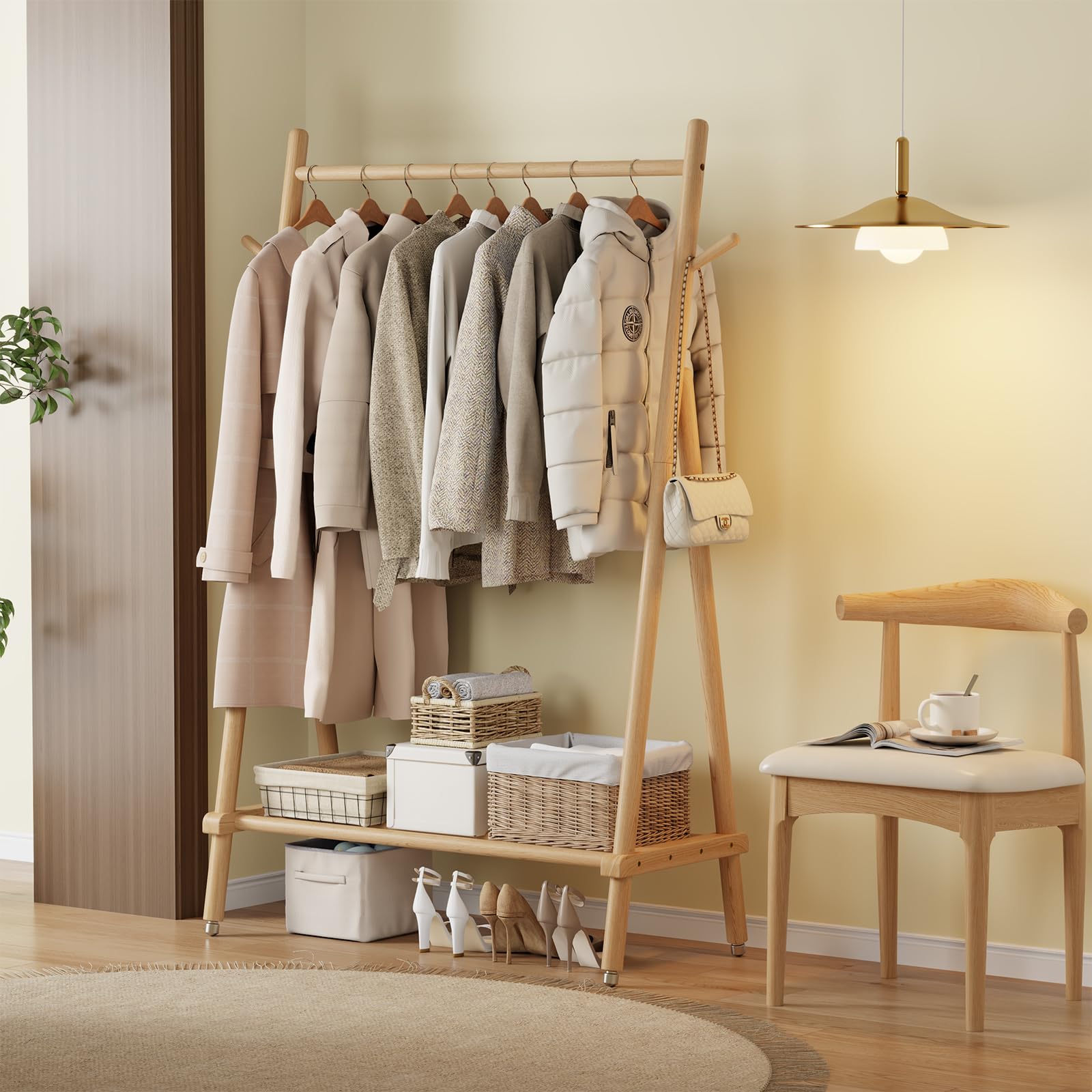 Solid Wood Rolling Clothing Rack with Shelves