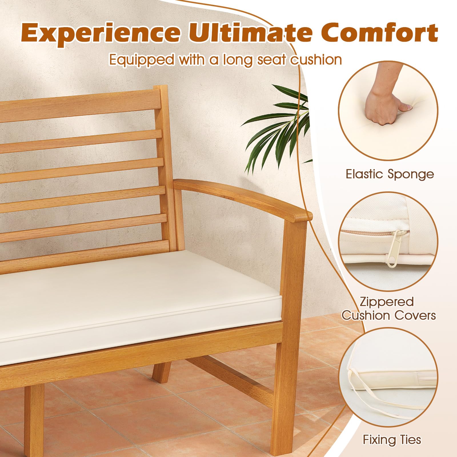 3-Seat Acacia Wood Outdoor Bench with Cushion