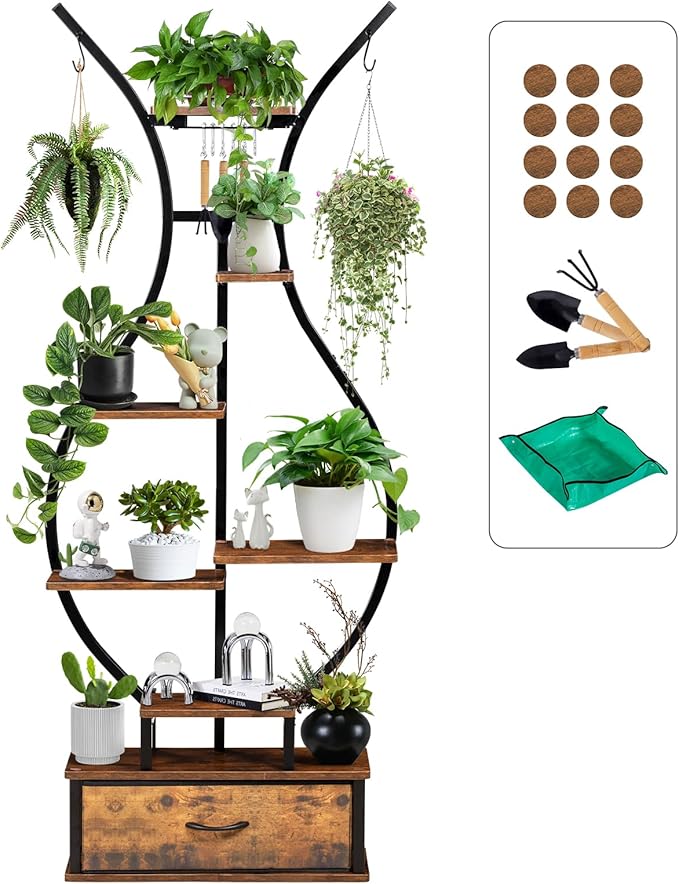 7-Tier Half Moon Plant Stand with Lockable Wheels
