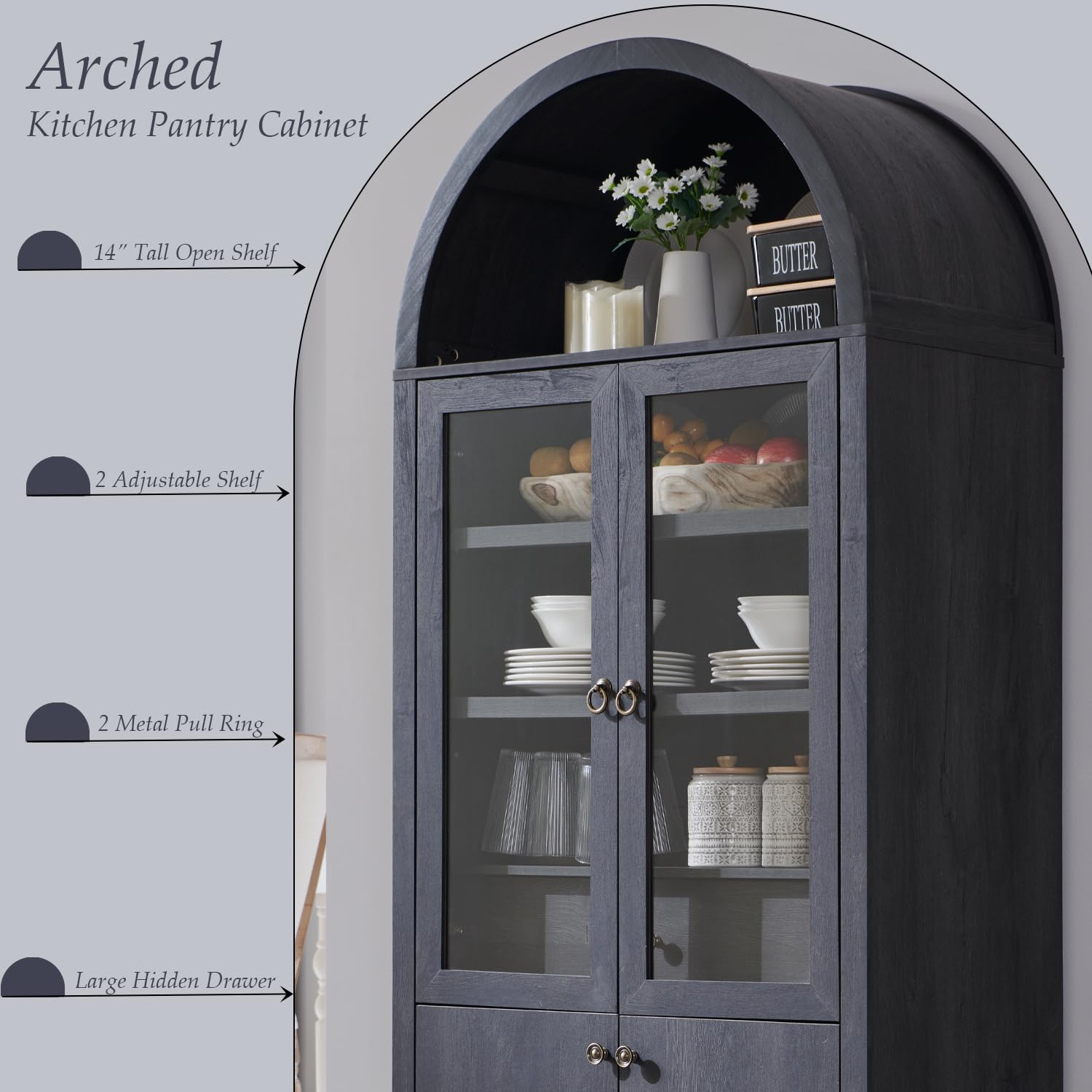 Arched Kitchen Pantry Cabinet with Glass Doors