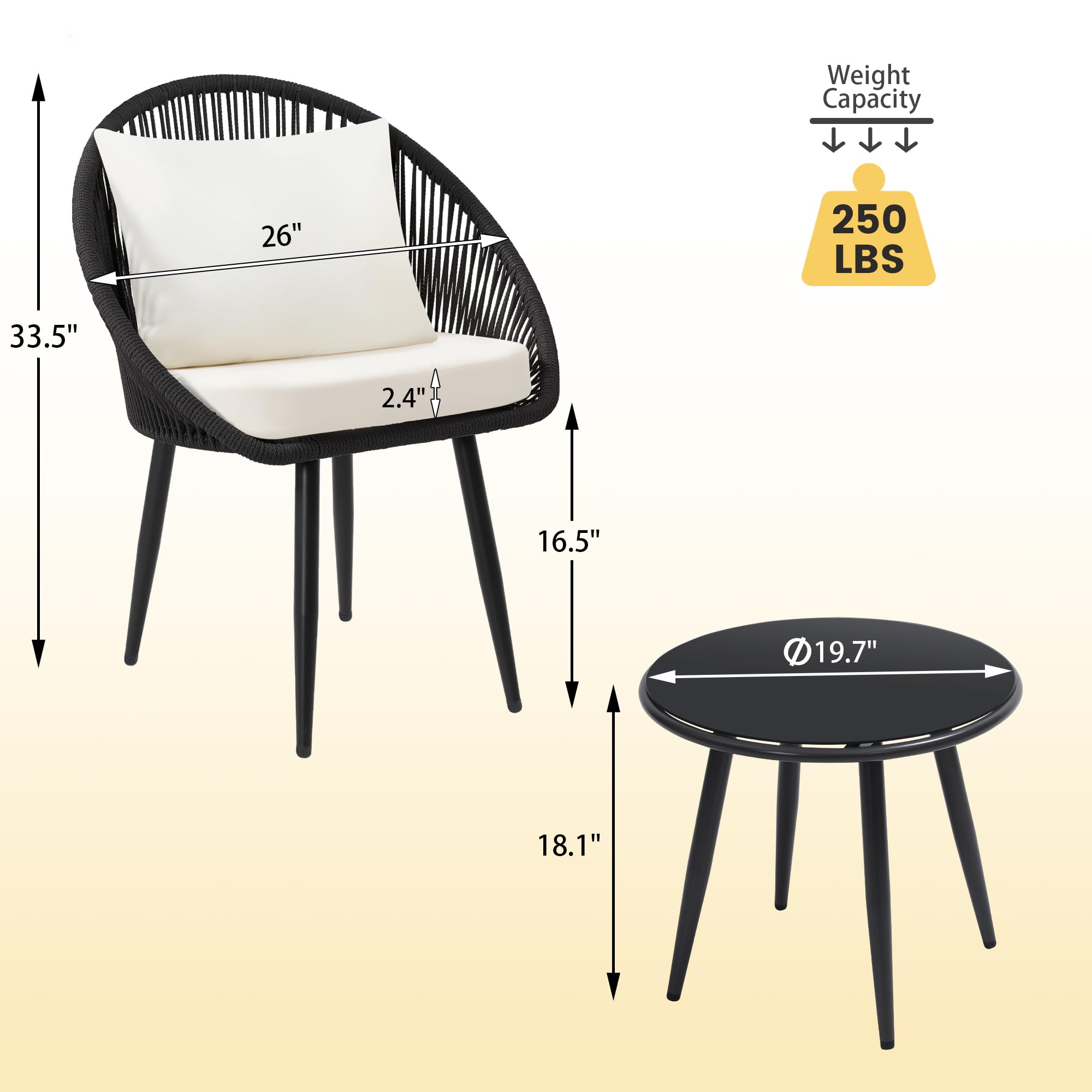 3 Pieces Bistro Set with Woven Rope Chairs and Cushions