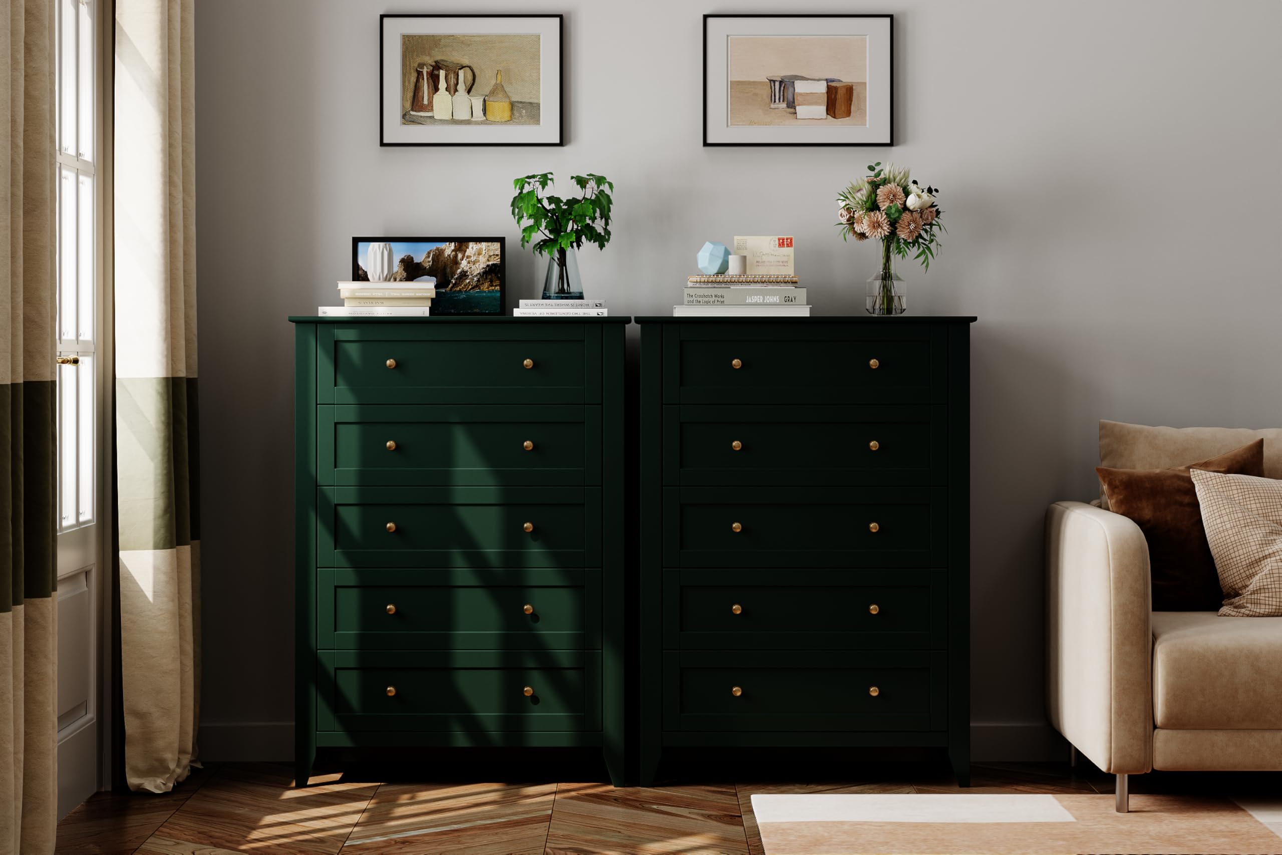 IDEALHOUSE Green 5 Drawer Dresser for Bedroom, Tall Dresser with Deep Drawers & Metal Knobs, Modern Wooden Chests of Drawers for Entryway, Hallway