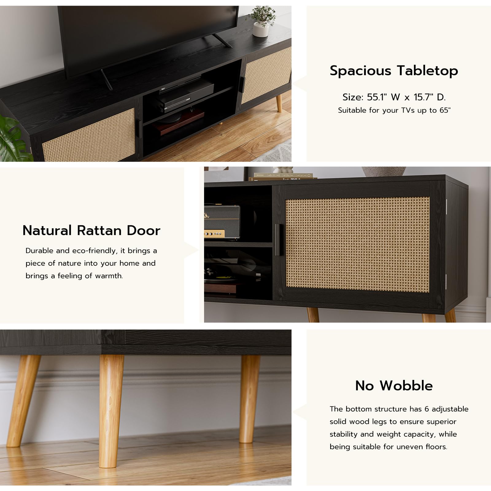 TV Stand for TVs up to 65 with Rattan Door and Storage