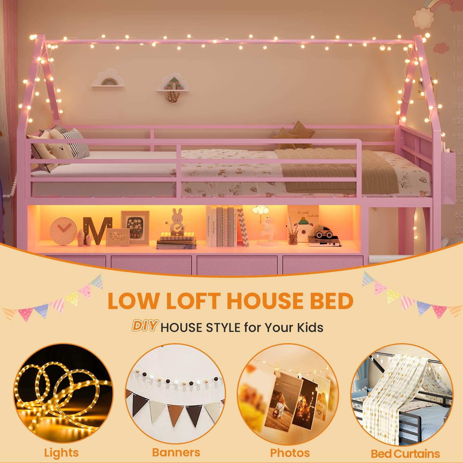 BTHFST Twin Size Loft Bed for Kids, 8 Storage Drawers & LED Lights, House Shaped Metal Bed with Bookcase, Soft Foam Ladder, 13.4" Safety Guardrail, Space Saving, Fun Curtain