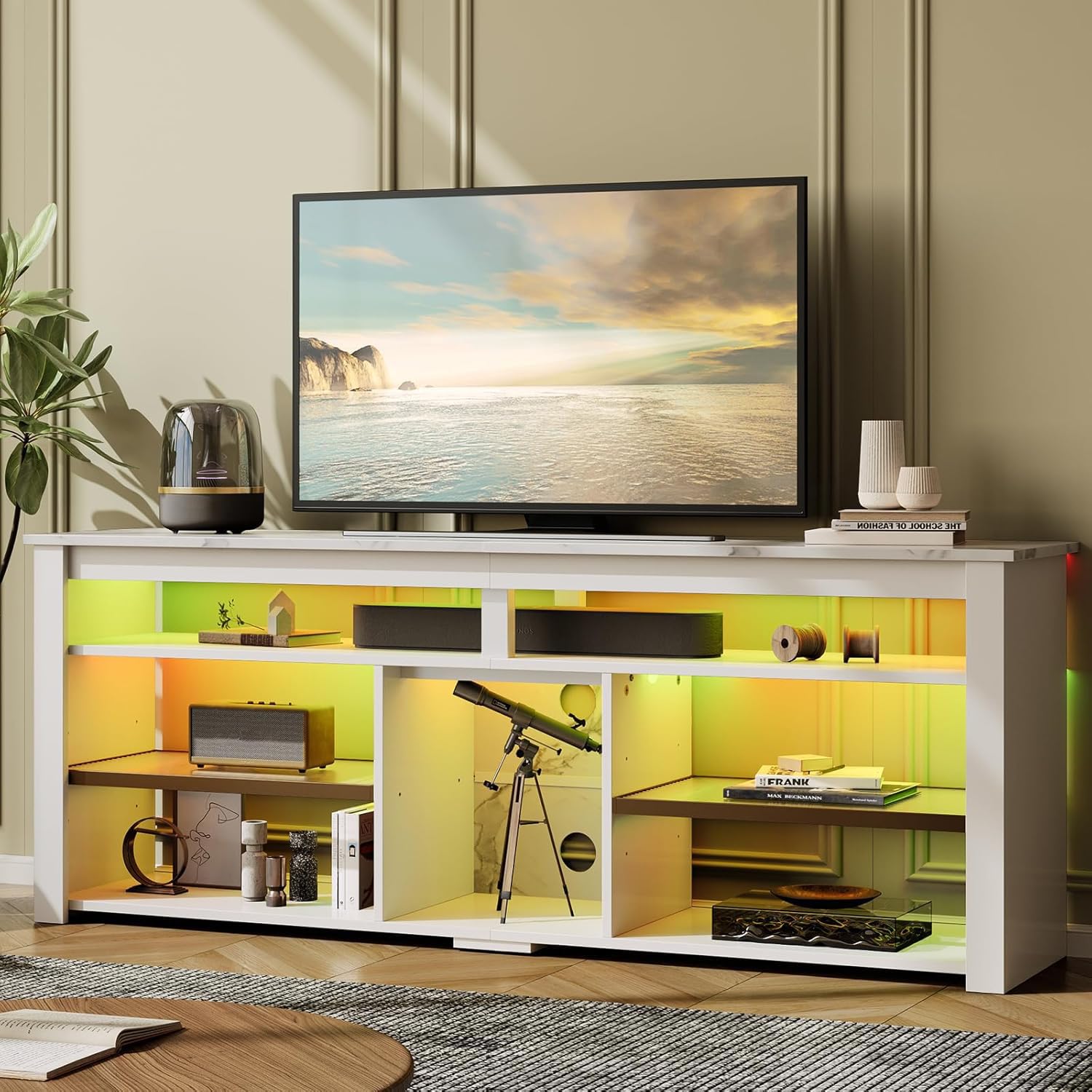 TV Stand for 70 Inch TV with LED Lights and Storage