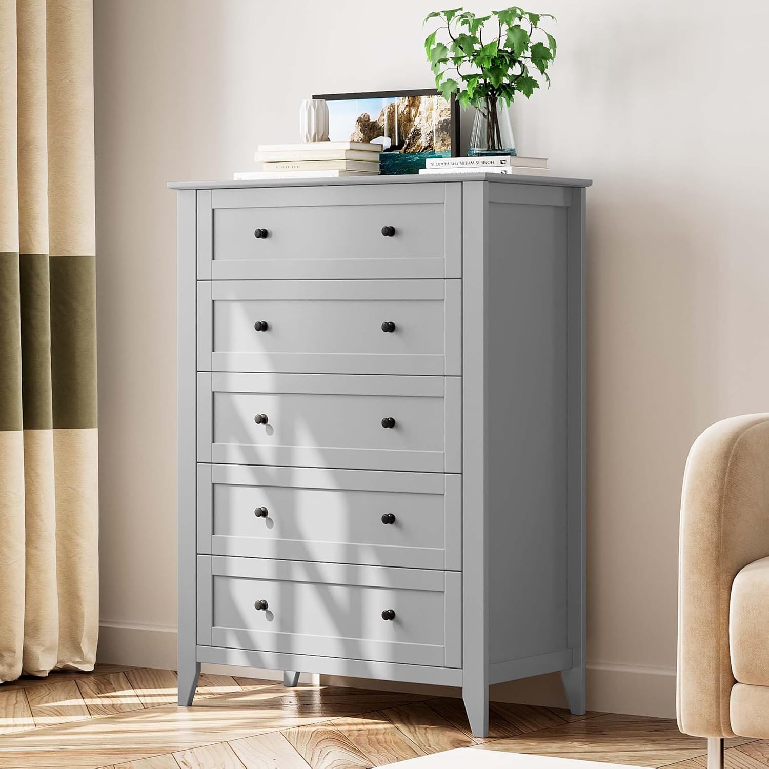 Green 5 Drawer Dresser with Metal Knobs