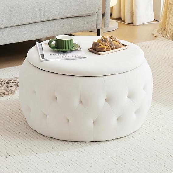 Round Storage Ottoman Coffee Table with Wooden Tabletop