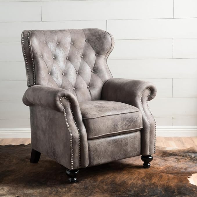Push Back Recliner Chair with Copper Accents and Rolled Arms