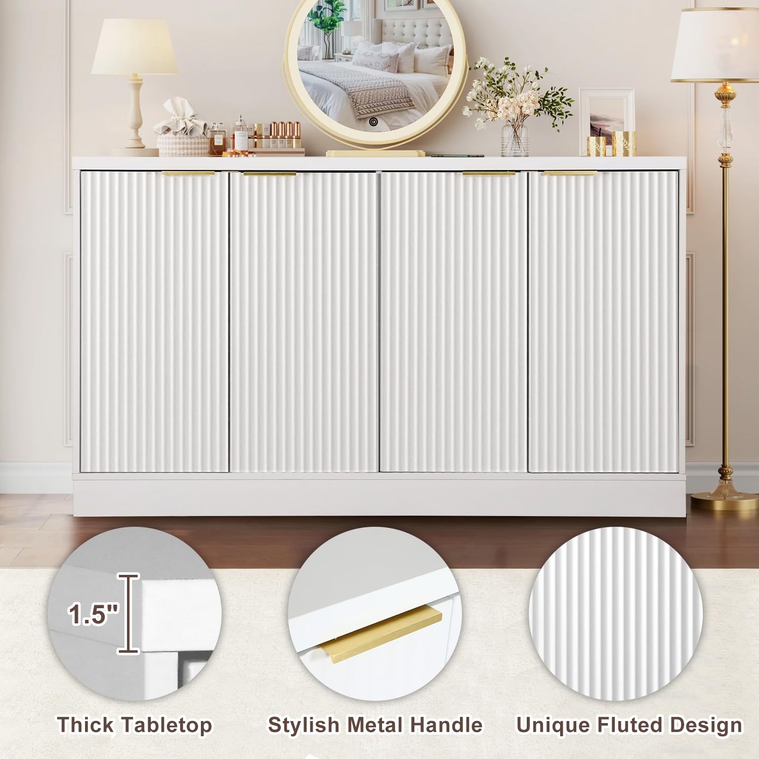 Fluted Buffet Sideboard Cabinet with Adjustable Shelves