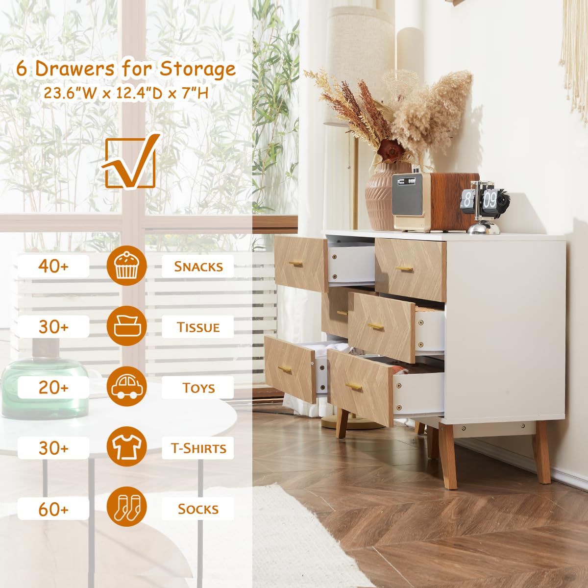 6 Drawer Wood Dresser Storage Cabinet