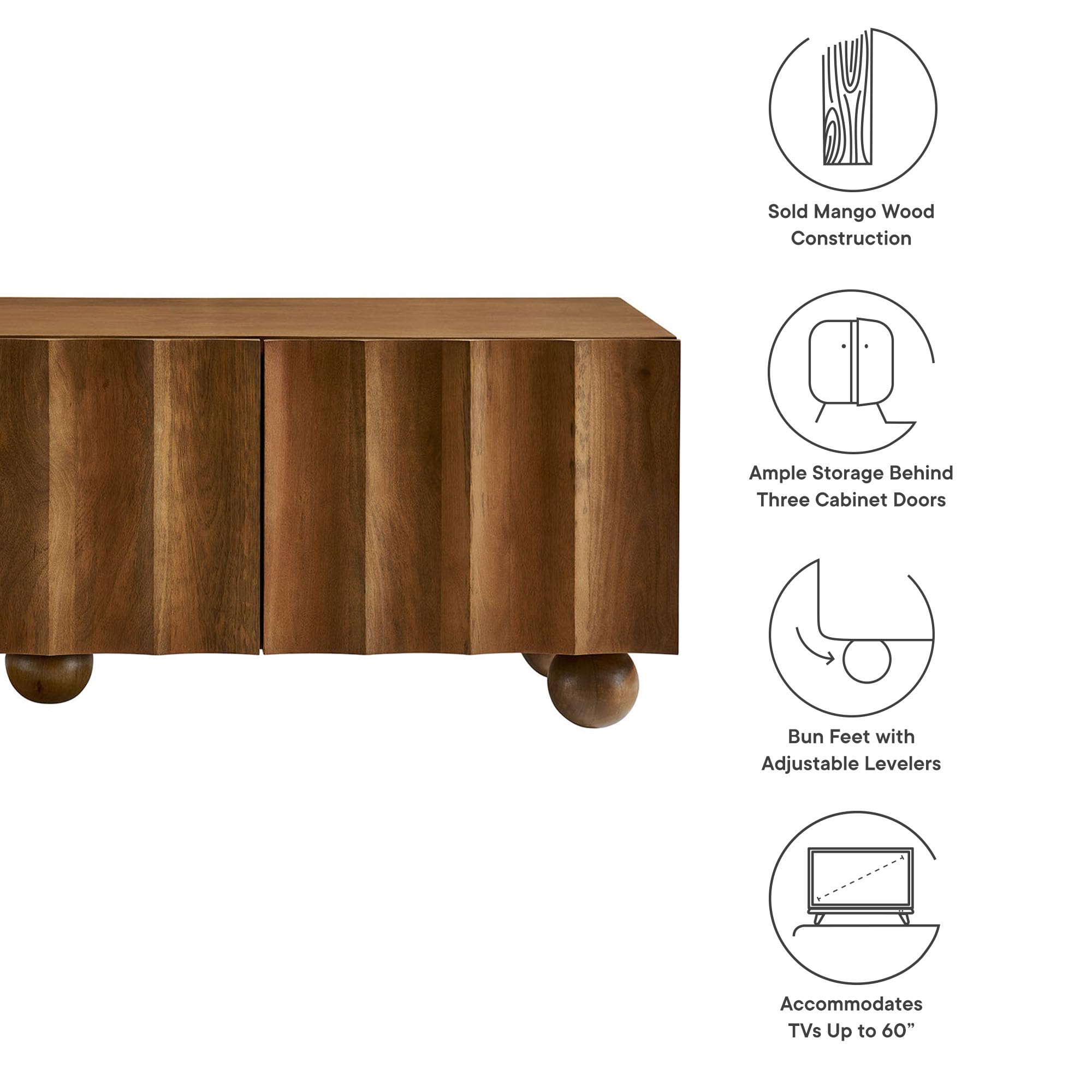 Modway Sorren 54 Inch Scalloped TV Stand in Walnut – 3 Door Media Console Cabinet – Modern Storage TV Stand with Doors