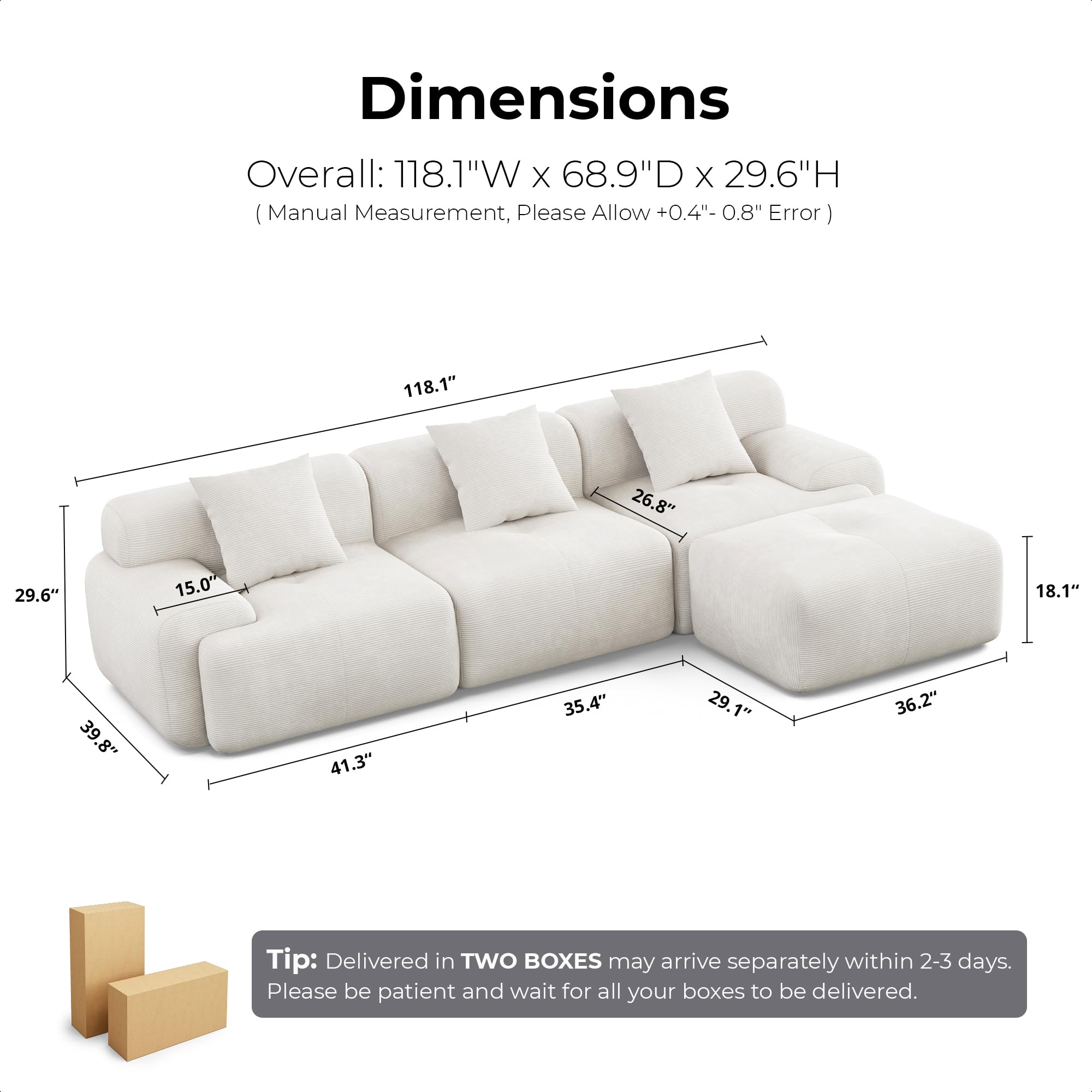 118" Modern L-Shaped Modular Sectional Sofa with Deep Seat and Movable Ottoman
