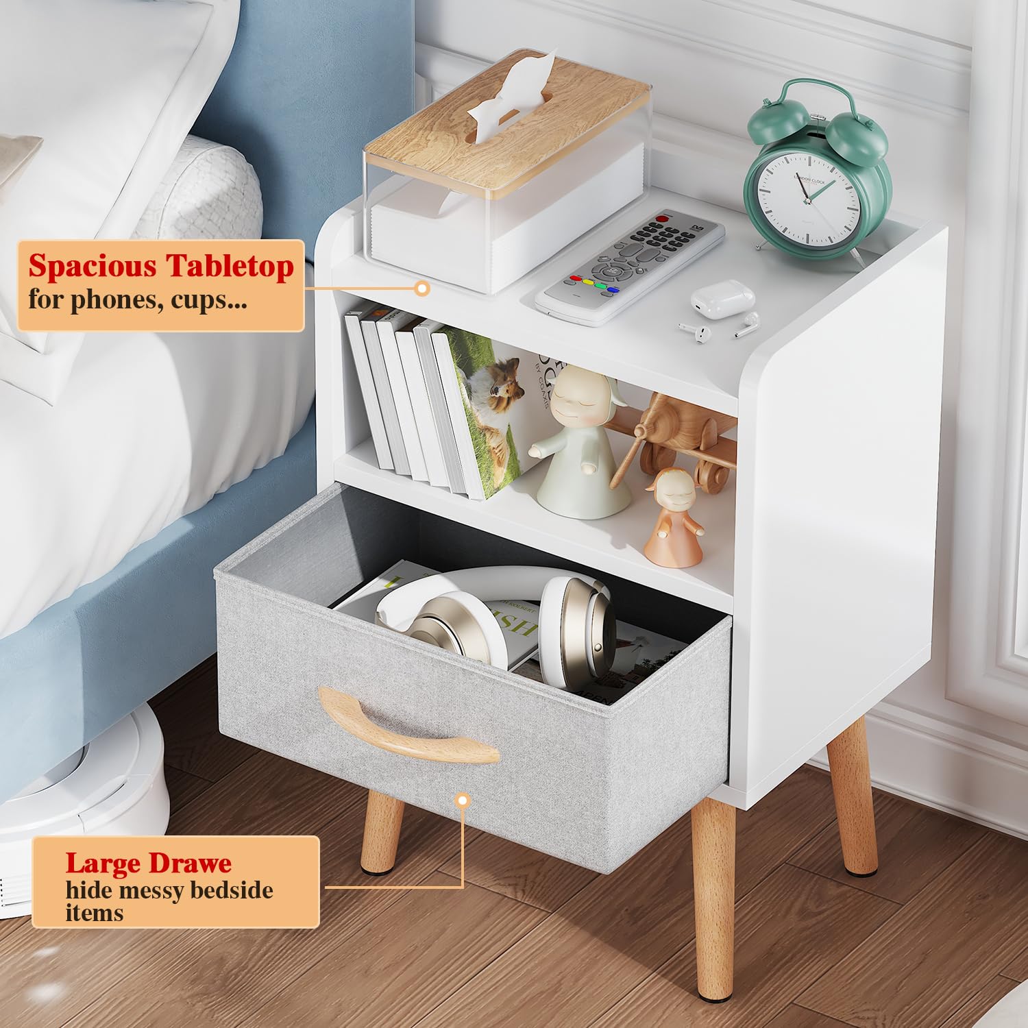 White Mid Century Modern Nightstand with Drawer