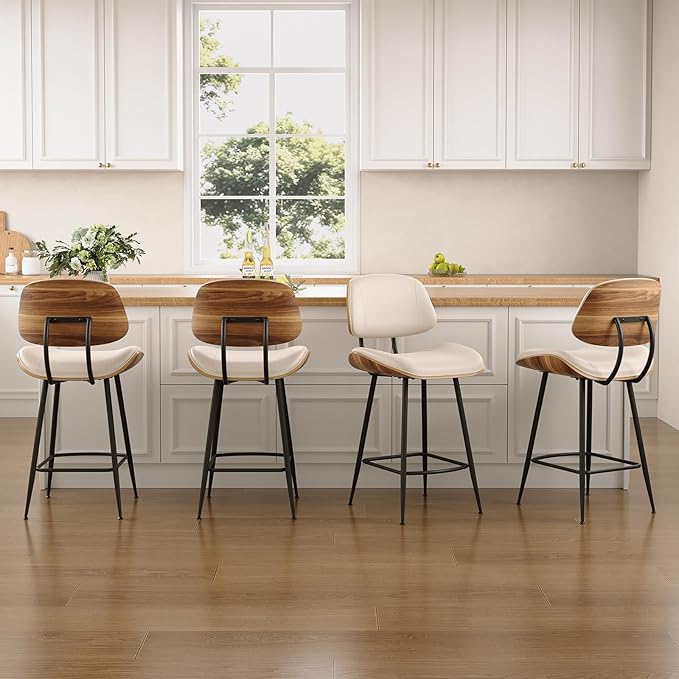 Mid Century Modern Barstool Set of 2 - PU Leather Counter Height Stools with Walnut Bentwood Back