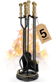 5-Piece Fireplace Tool Set with Brass Handles