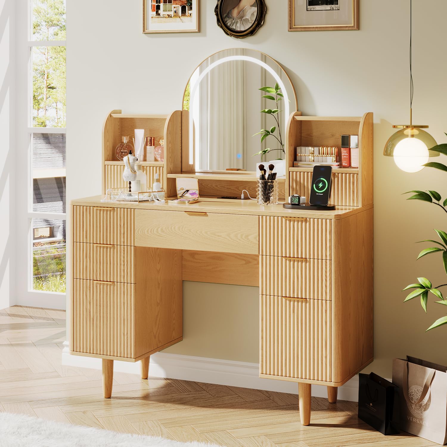 Wood Vanity Desk with Mirror and Lights