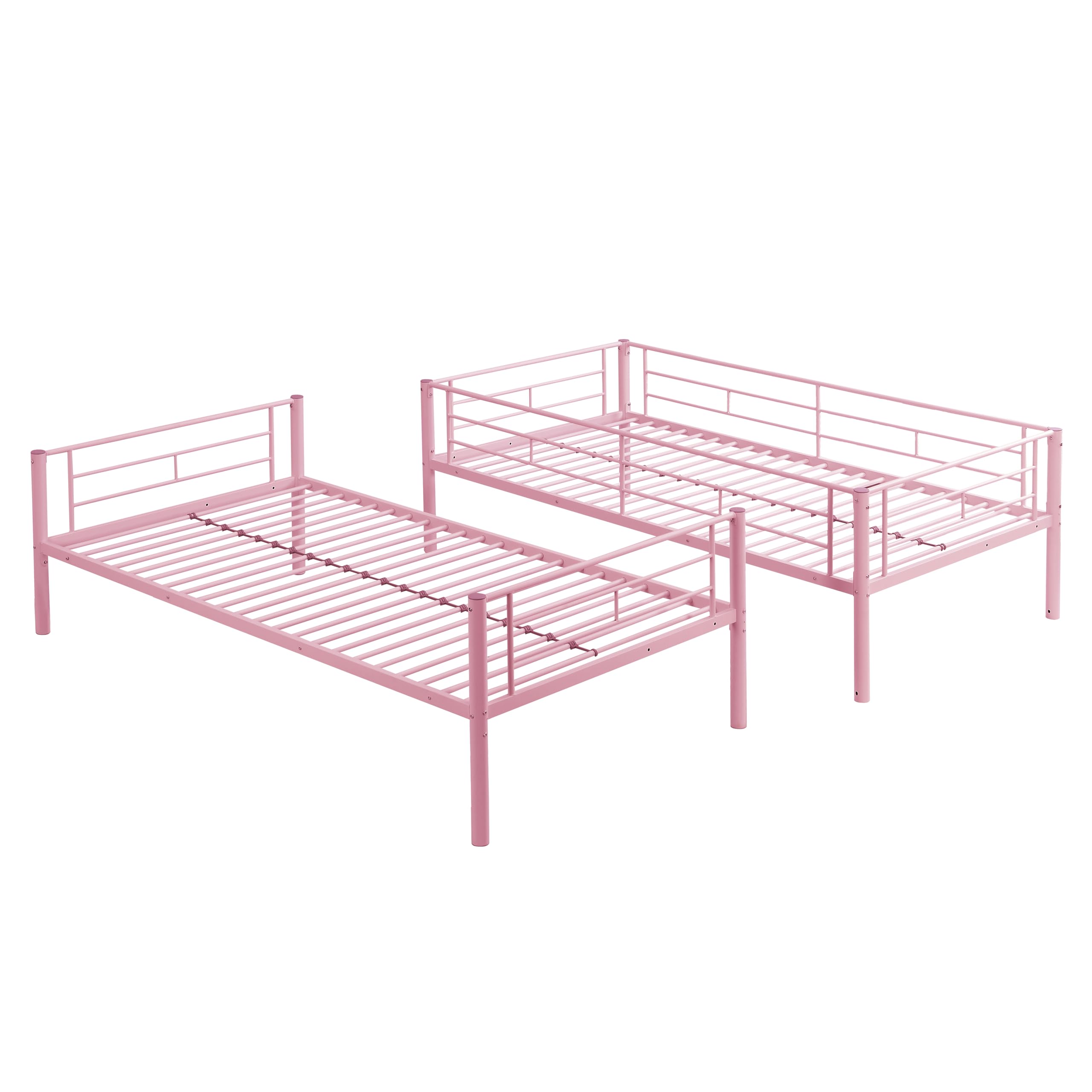 Twin Over Twin Metal Bunk Bed with Ladder and Guardrail - Pink