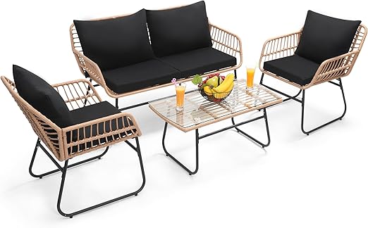 3 Piece Bistro Set with Tempered Glass Table and Wicker Chairs