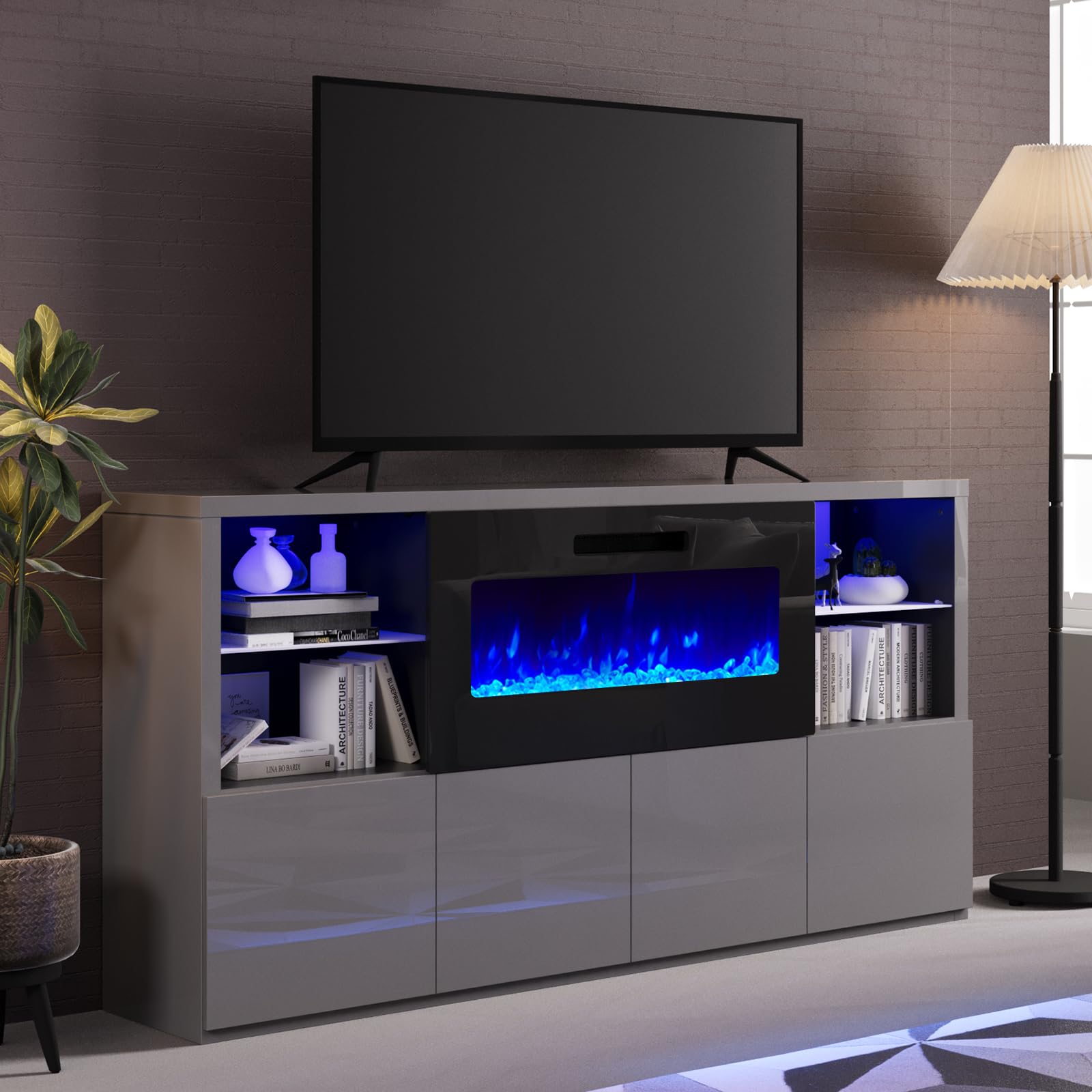 68" High Gloss Fireplace TV Stand with LED Lights