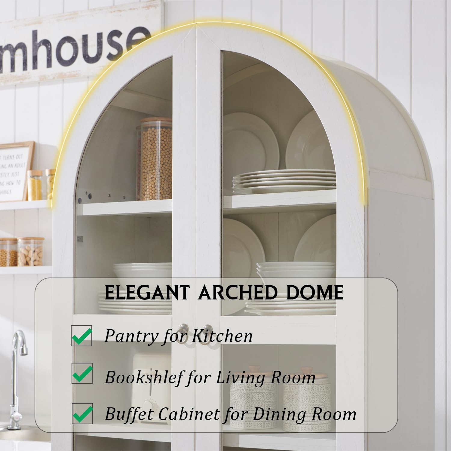 Tall Arched Kitchen Pantry Cabinet with Glass Doors