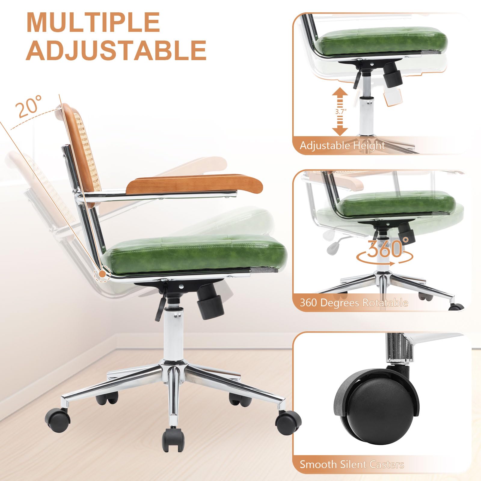 Rattan Office Chair with Wood Armrest