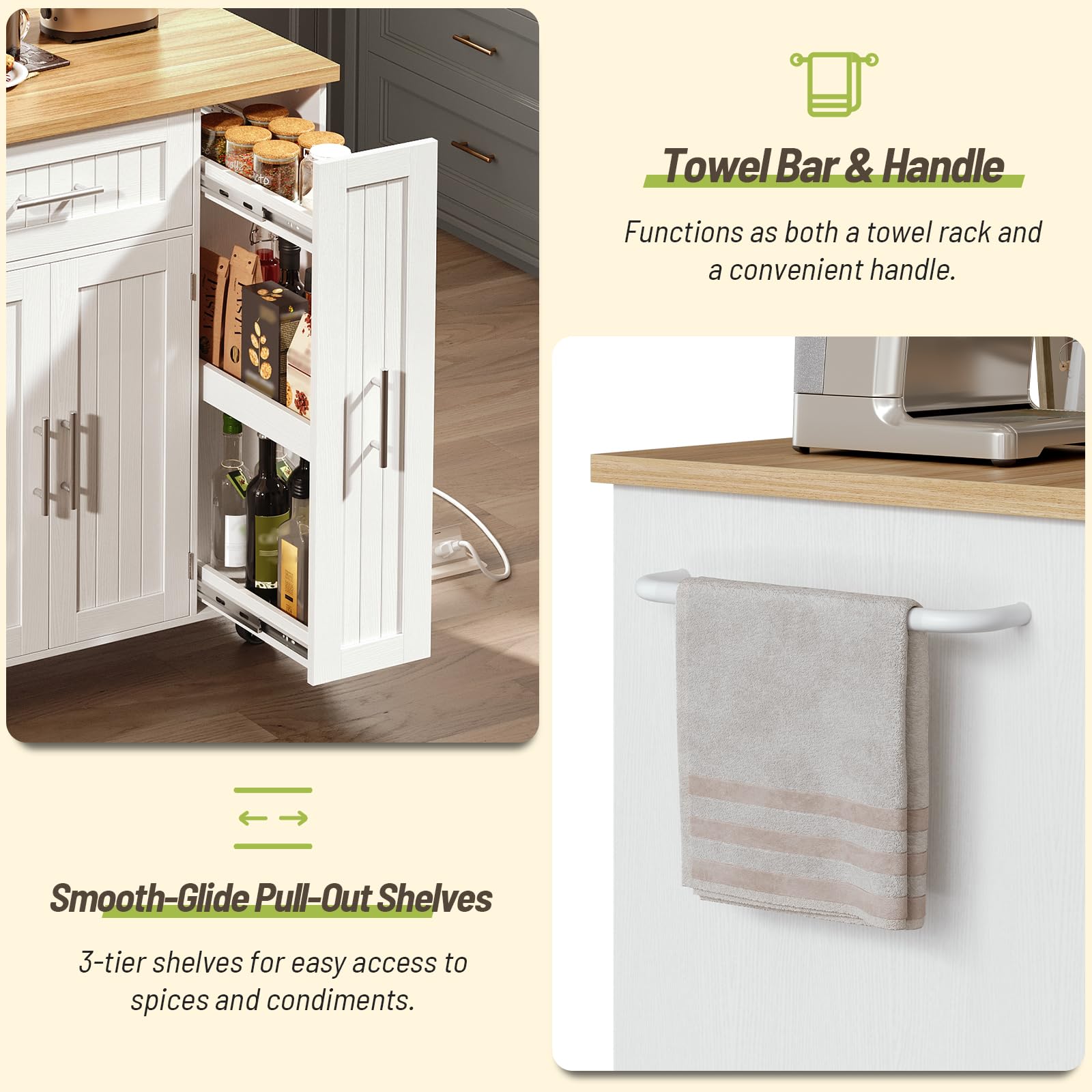 Rolling Kitchen Island Cart with Storage and Charging Station