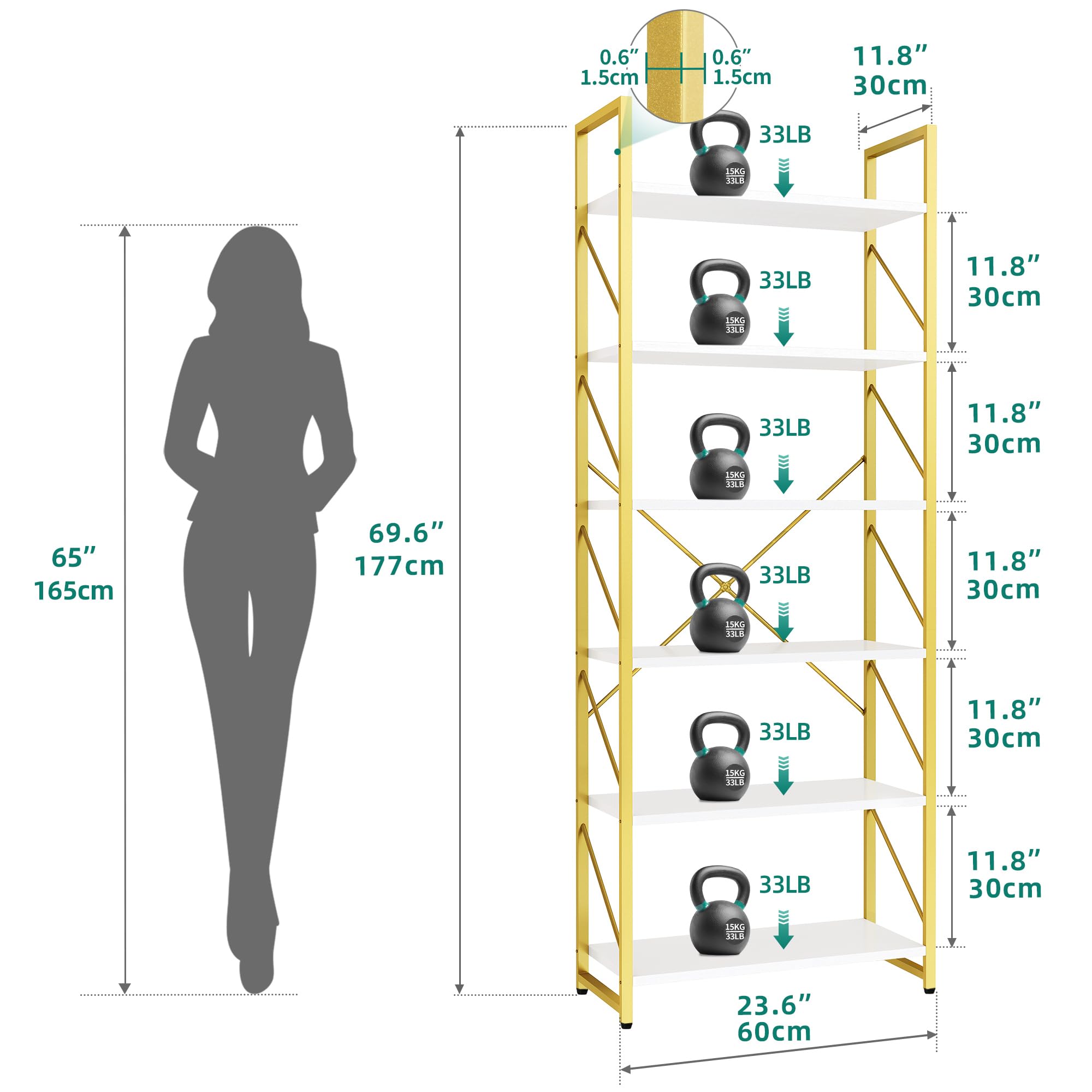 6 Tier Gold Bookshelf Modern Display Storage Rack