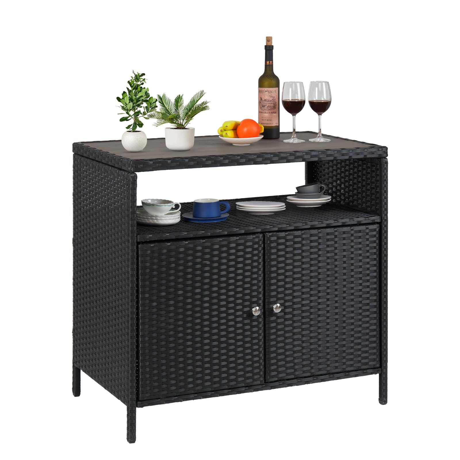 Outdoor Wicker Storage Cabinet with 2-Door and Shelf