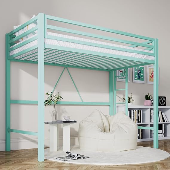 Twin Loft Bed with Ladder and Guardrail - Black Metal Frame