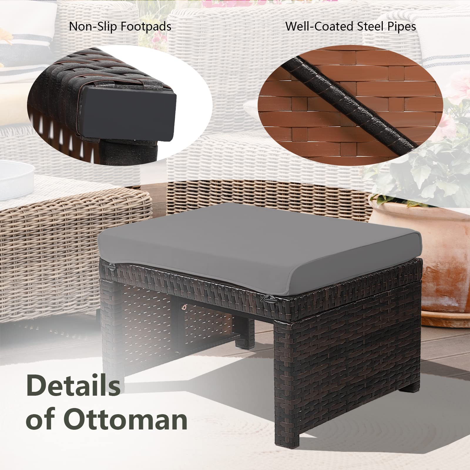 2 Piece Outdoor Wicker Ottomans with Cushions