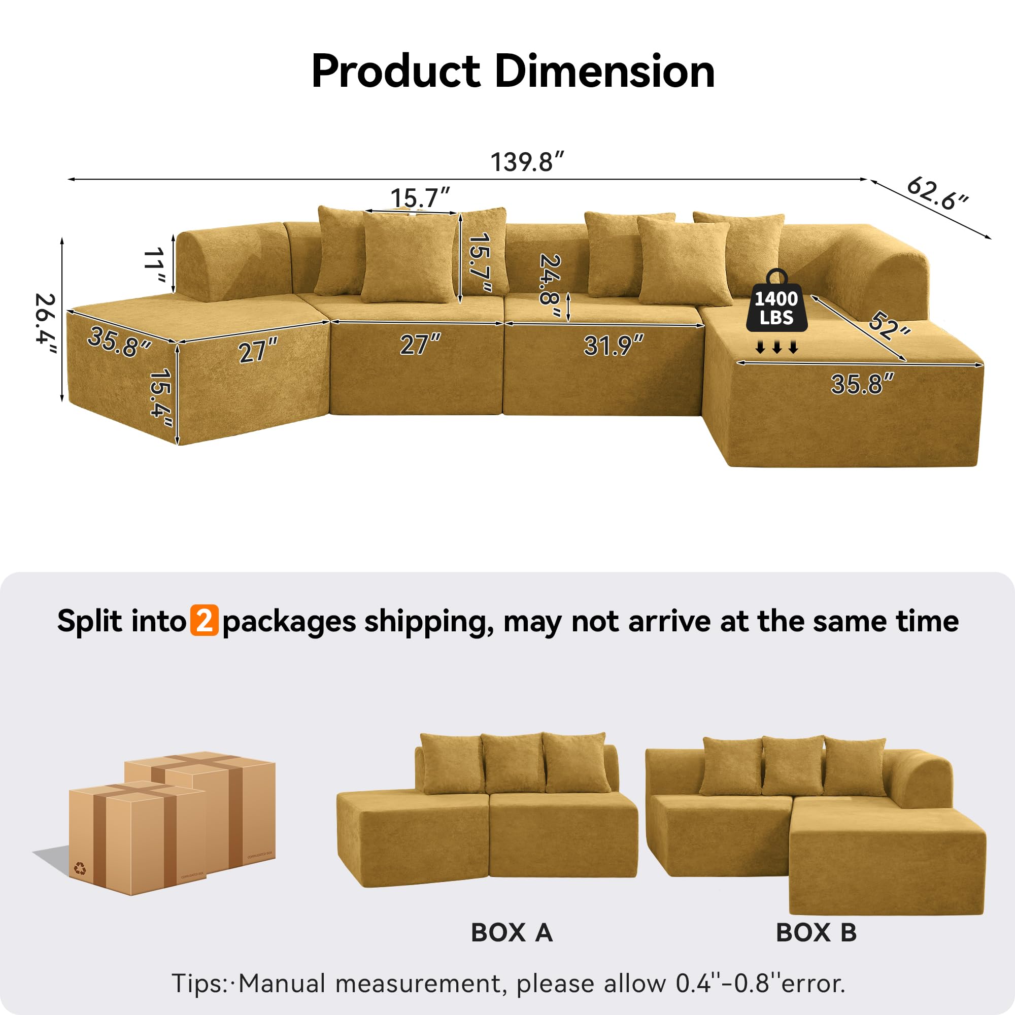 140''Oversized Cloud Velvet Curved Sectional Couch, Boneless Couch with L-Shape Chaise, Upholstered Compression Memory Foam Modular Sectional Sofa for Living Room, No Assembly Required, Yellow