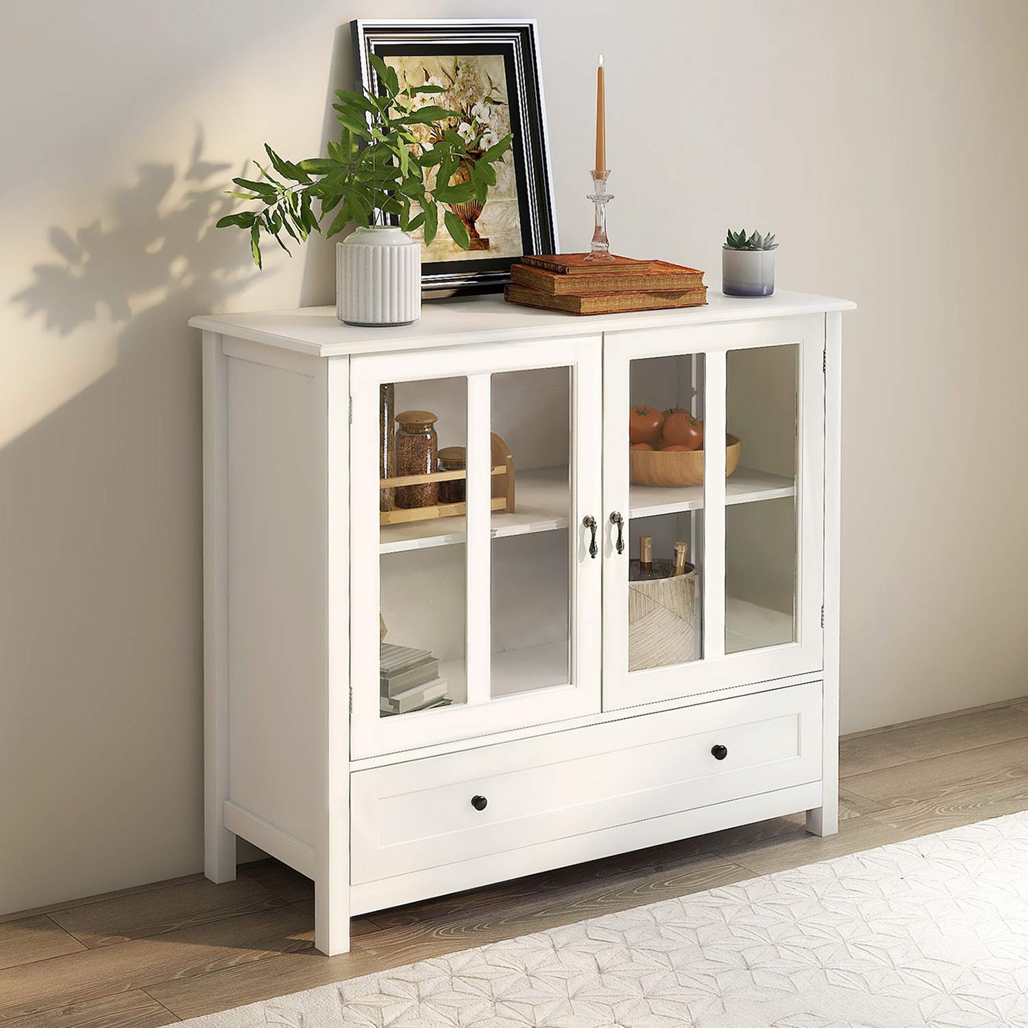 Modern White Buffet Cabinet with Glass Doors