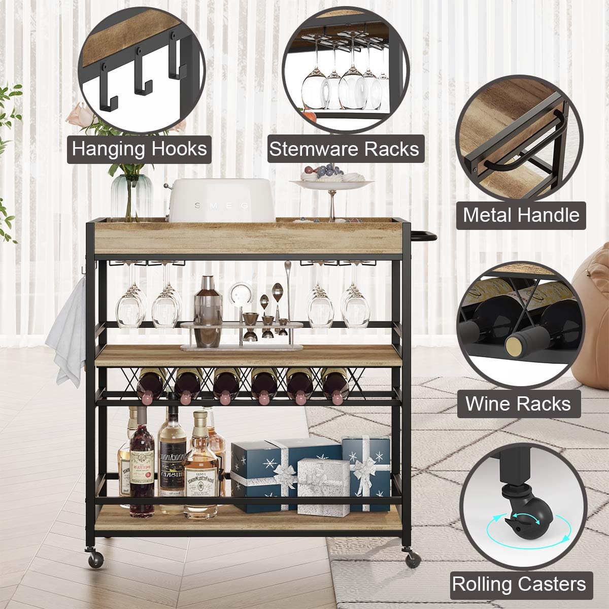 3-Tier Rolling Bar Cart with Storage