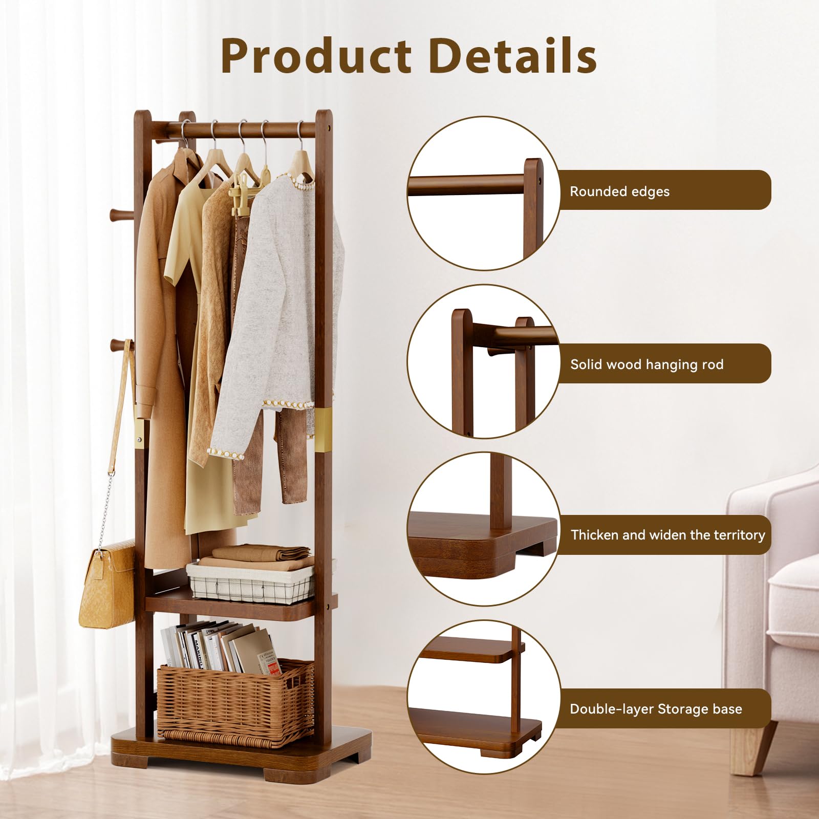 Solid Wood Coat Rack with 2 Shelves & 4 Hooks