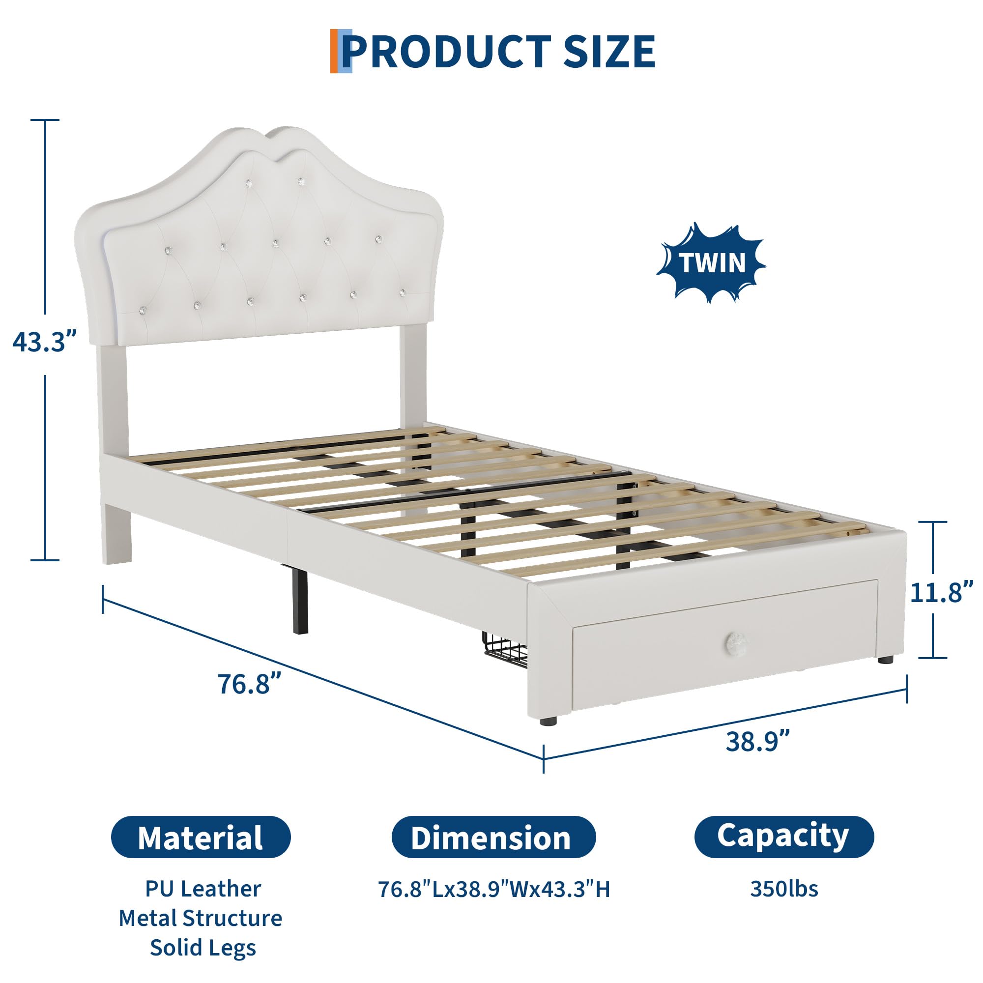 Twin Size Upholstered Platform Bed with LED Lights and Storage Drawer