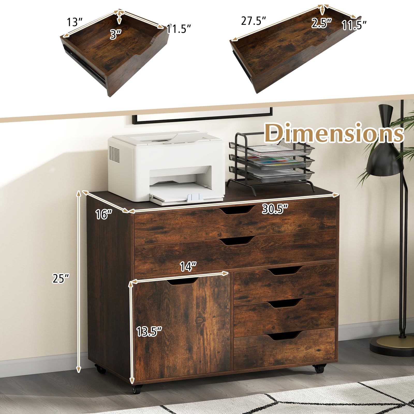 5-Drawer Mobile File Cabinet with Wheels