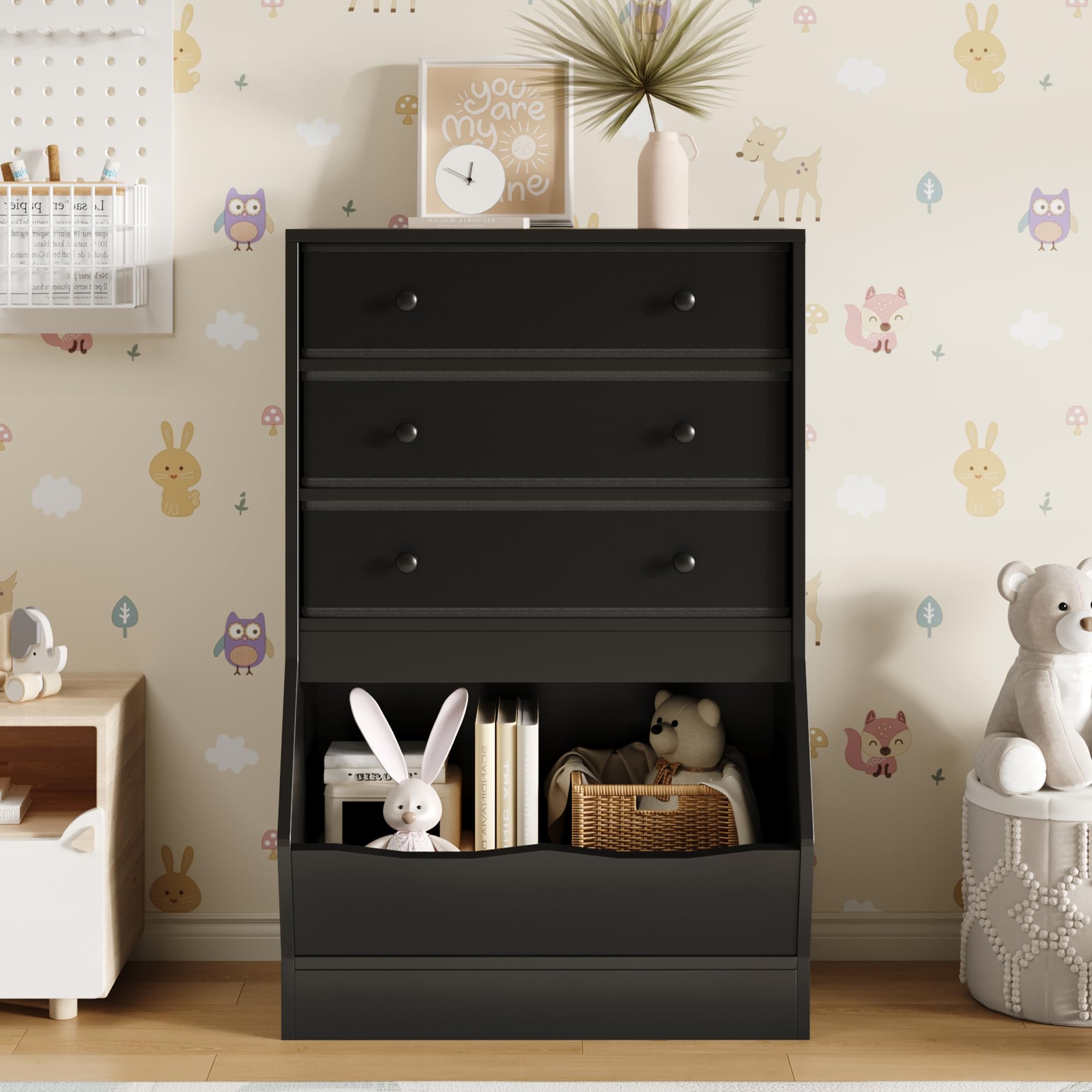 Toy Storage Organizer with Open Cube and Fabric Drawers