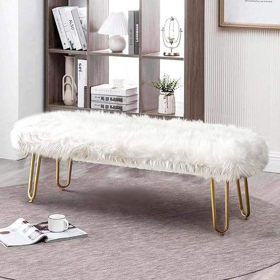 White Faux Fur Upholstered Bench with Wooden Legs