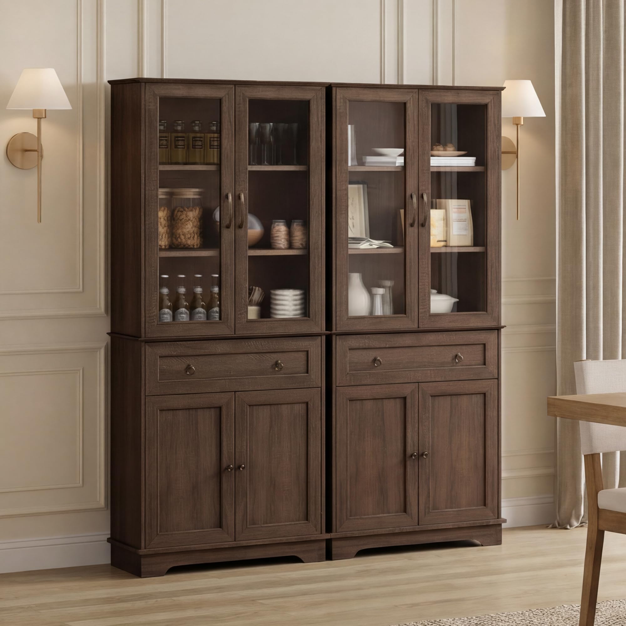 Tall Kitchen Pantry Cabinet with Glass Doors