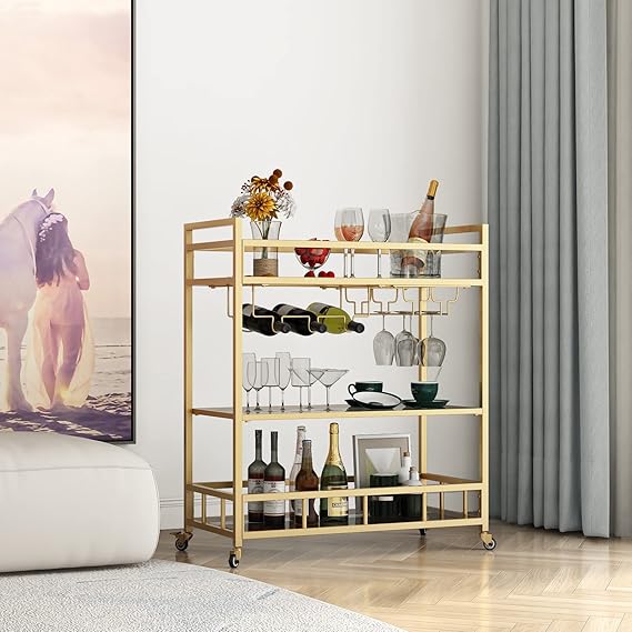 3-Tier Gold Bar Cart with Glass Shelves on Wheels