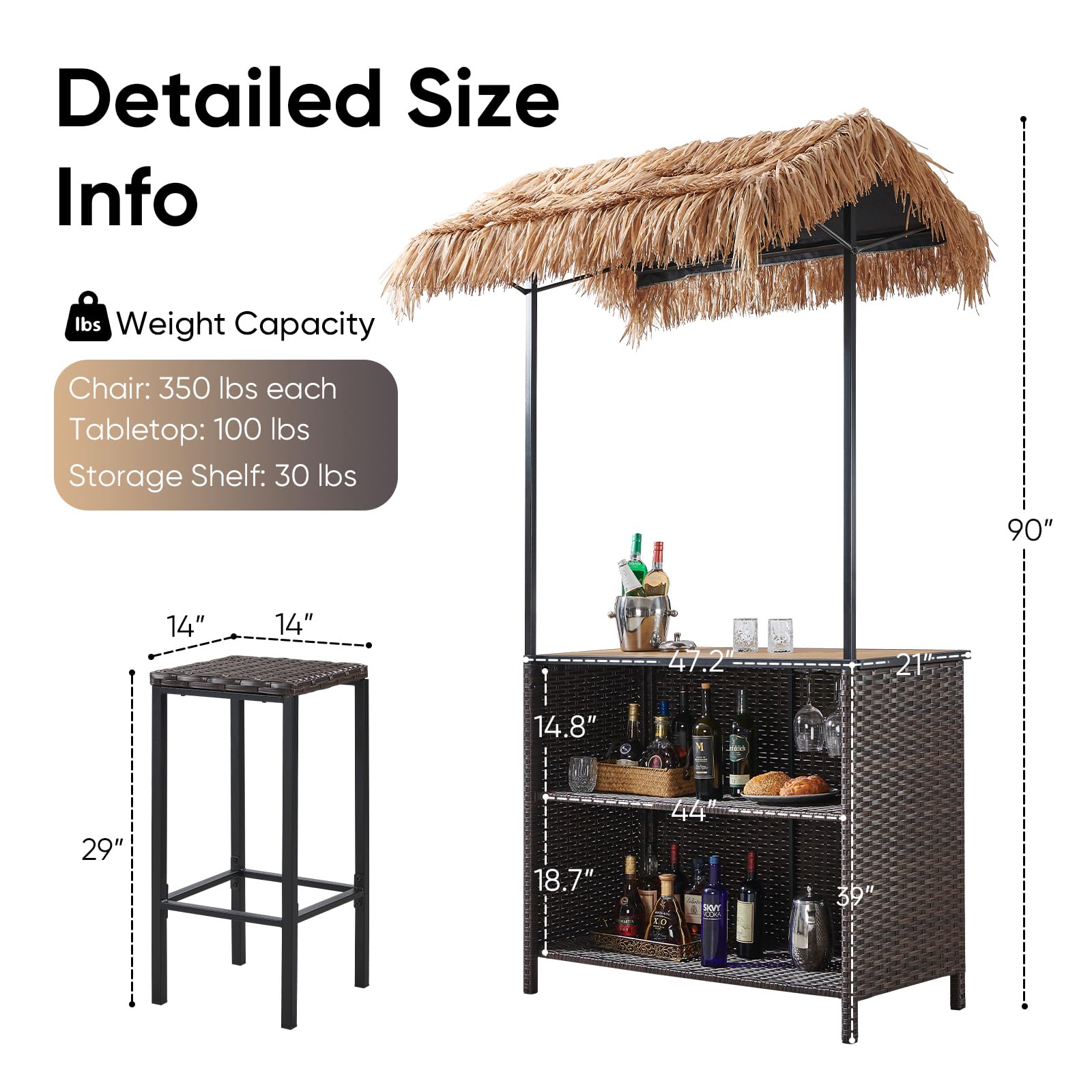 Outdoor Tiki Bar Set with Palapa Top - 3 Piece Wicker Patio Set