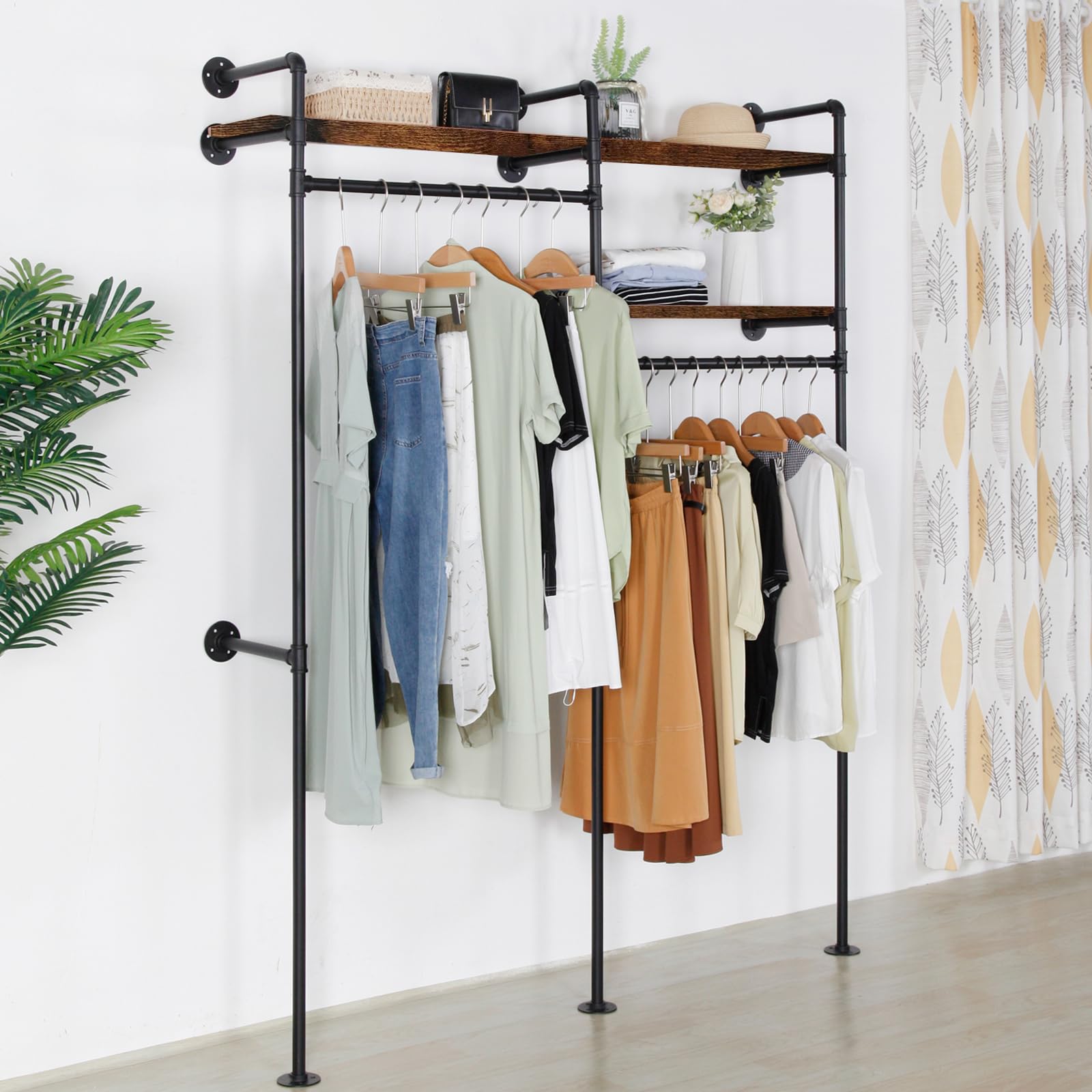 Industrial Wall-Mounted Clothing Rack with Shelves
