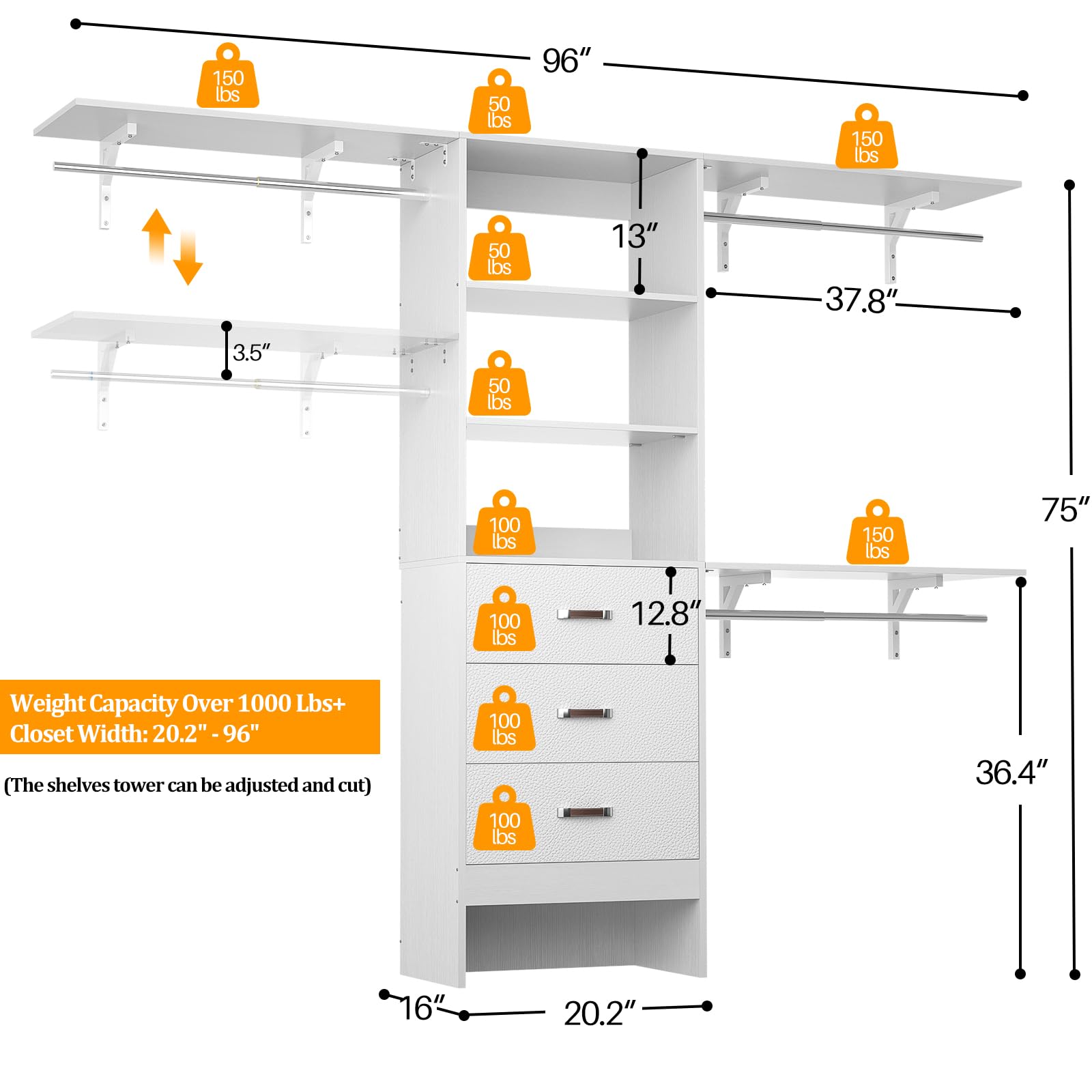 8FT Closet Organizer System with Drawer and Shelving Tower