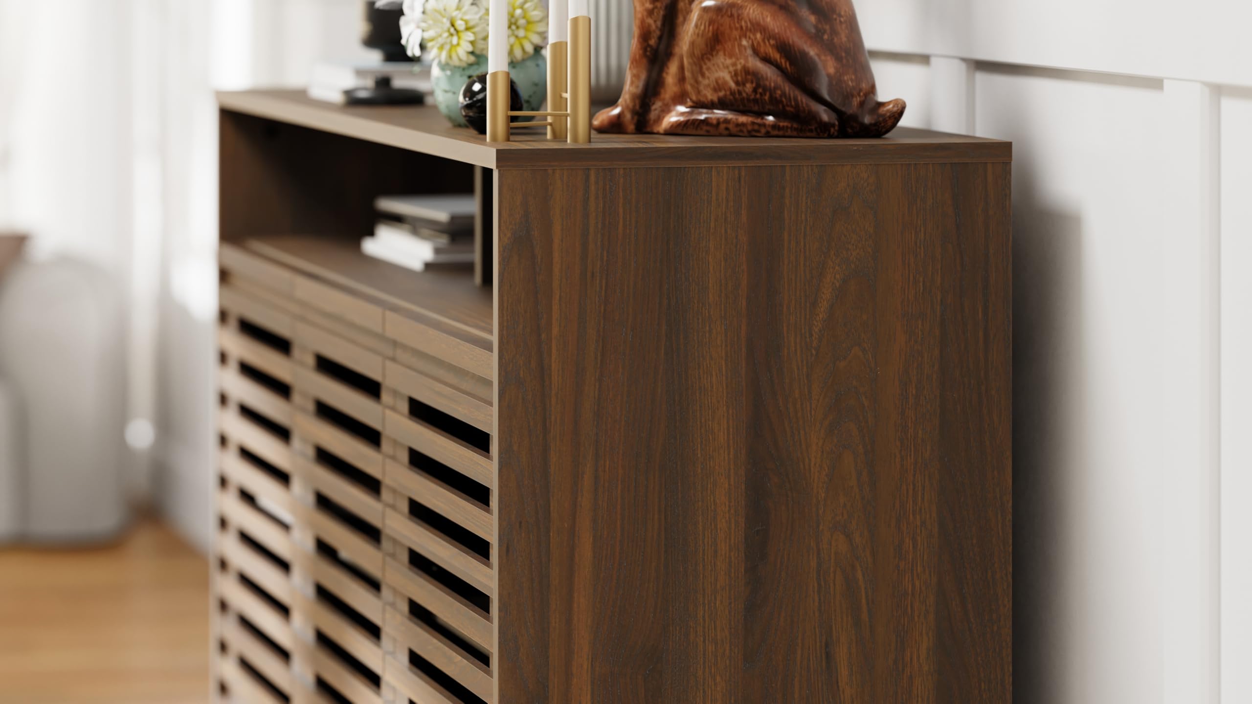 Rustic Brown Buffet Sideboard with Louvered Doors